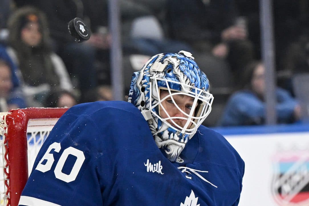 Toronto Maple Leafs goalie Joseph Woll (60) makes a save in the second period against the St. Louis Blues at Scotiabank Arena.