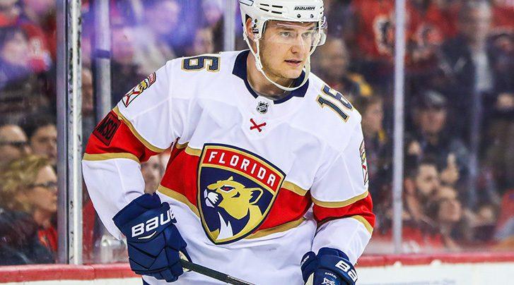 Florida Panthers center Aleksander Barkov (16) looks up after scoring a  goal during the third period of an NHL hockey game against the San Jose  Sharks, Saturday, Jan. 29, 2022, in Sunrise