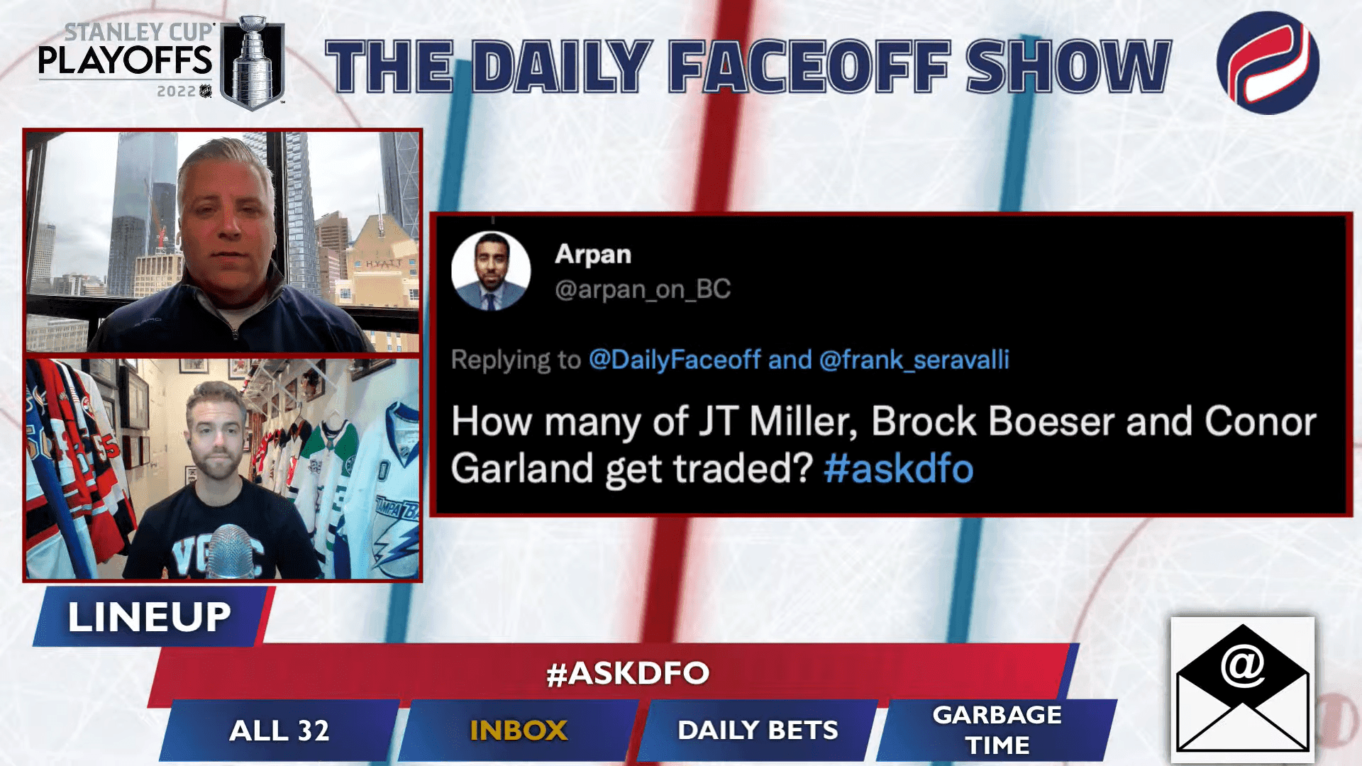 Daily Faceoff Show Inbox: How many of J.T. Miller, Brock Boeser, and Conor Garland get traded?