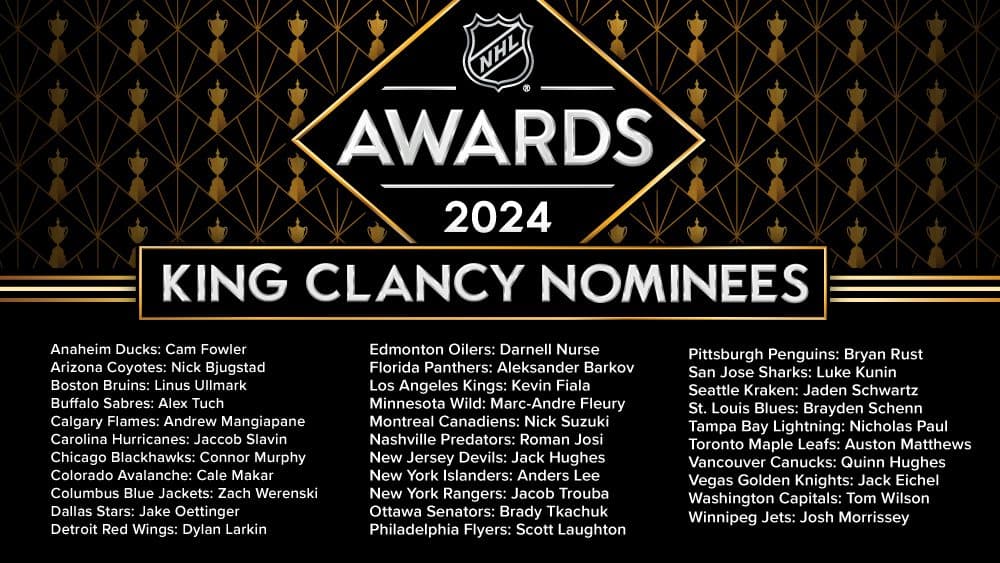 NHL announces 32 nominees for 2024 King Clancy Memorial Trophy