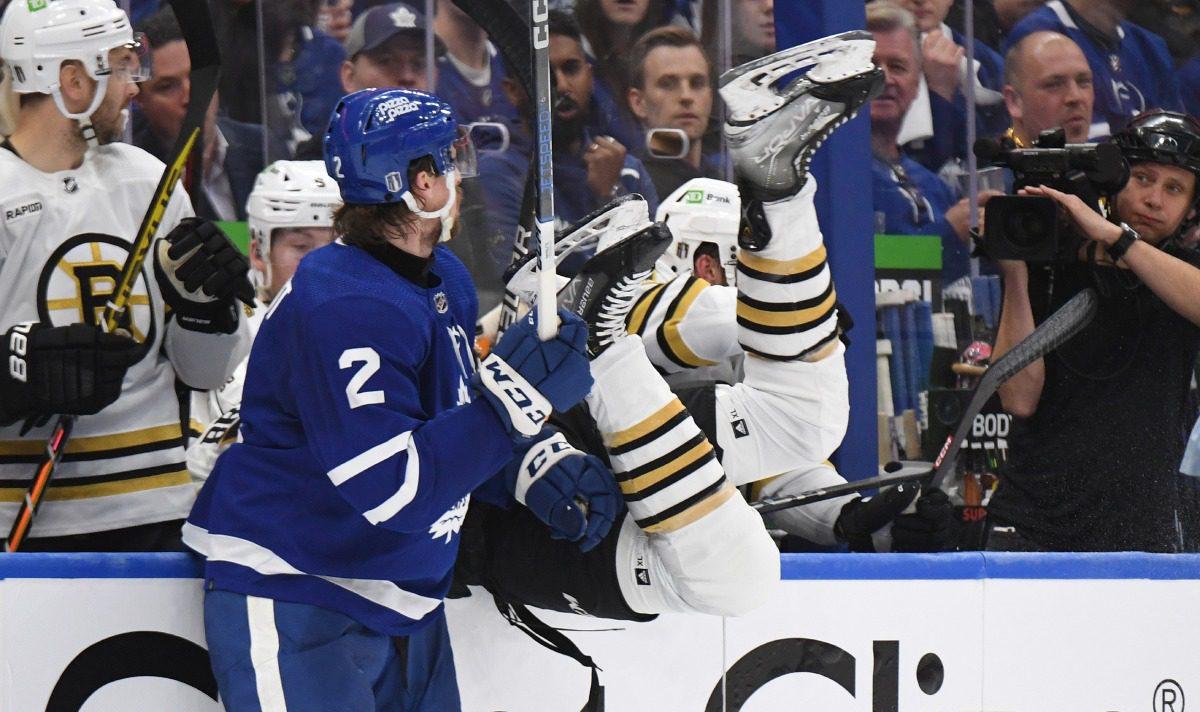 Toronto Maple Leafs defenseman Simon Benoit, Boston Bruins forward Justin Brazeau