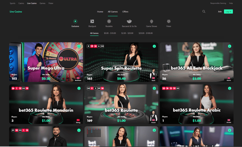 Screenshot of bet365 Canada live casino.