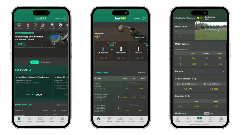 Screenshot mockups of the bet365 app. Screenshot one shows the homepage, screenshot two the live betting interface, and screenshot three shows live streaming.