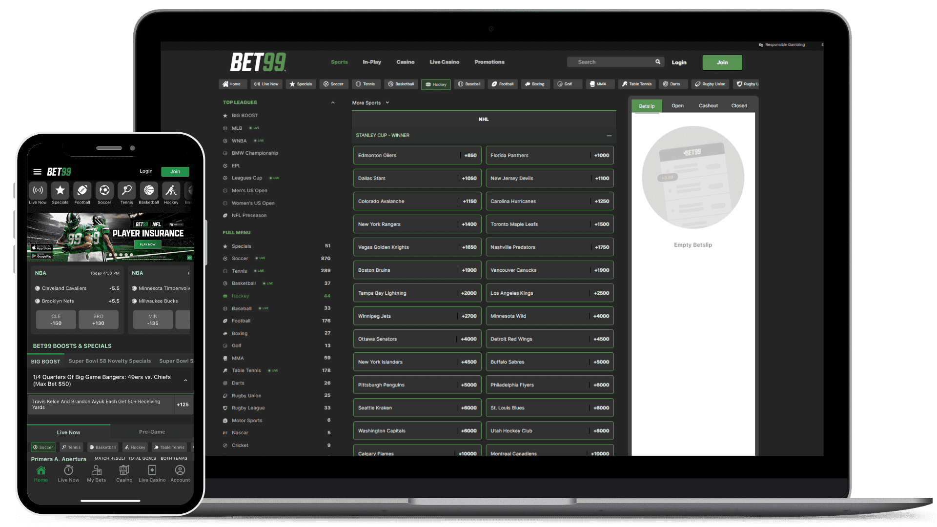 Laptop and iPhone screenshot mockups of BET99 canada homepage.