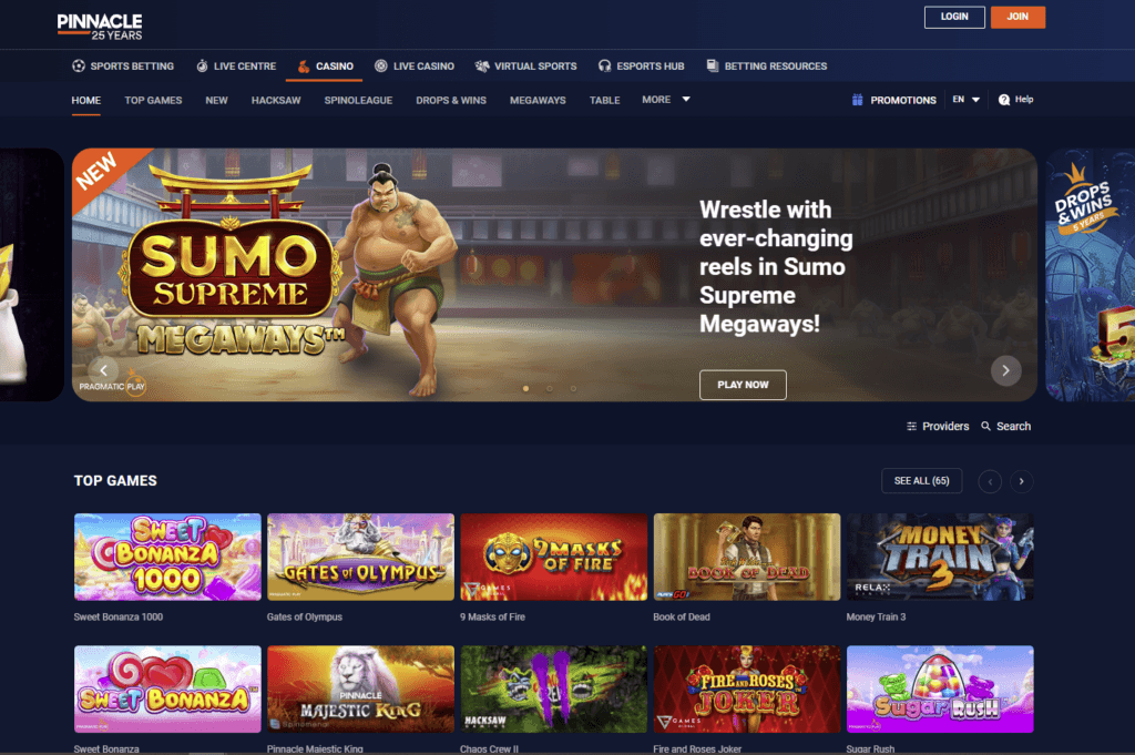 Pinnacle Sportsbook screenshot of their online casino, featuring Sumo Supreme Megaways.