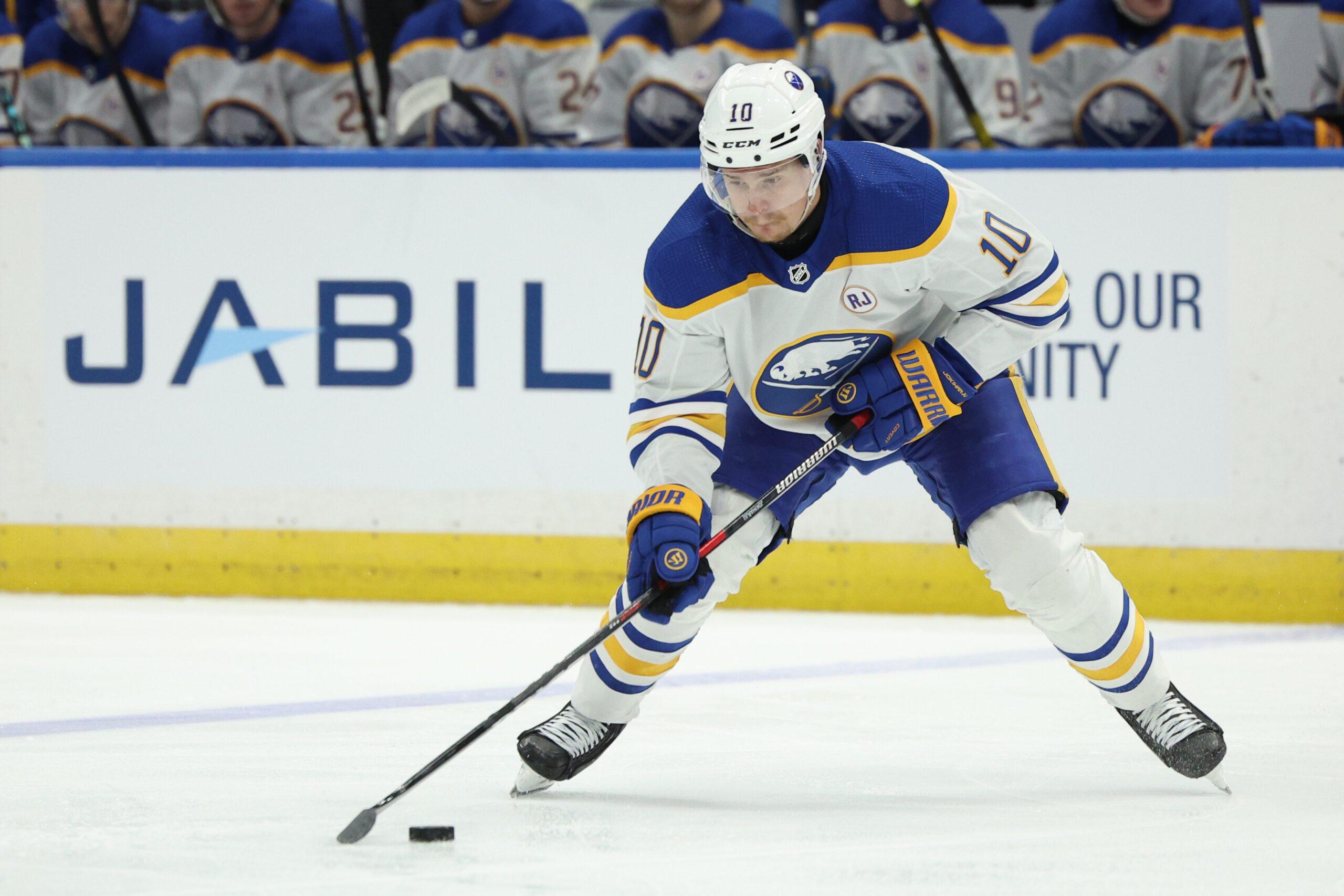 Buffalo Sabres defenseman Henri Jokiharju takes a shot.