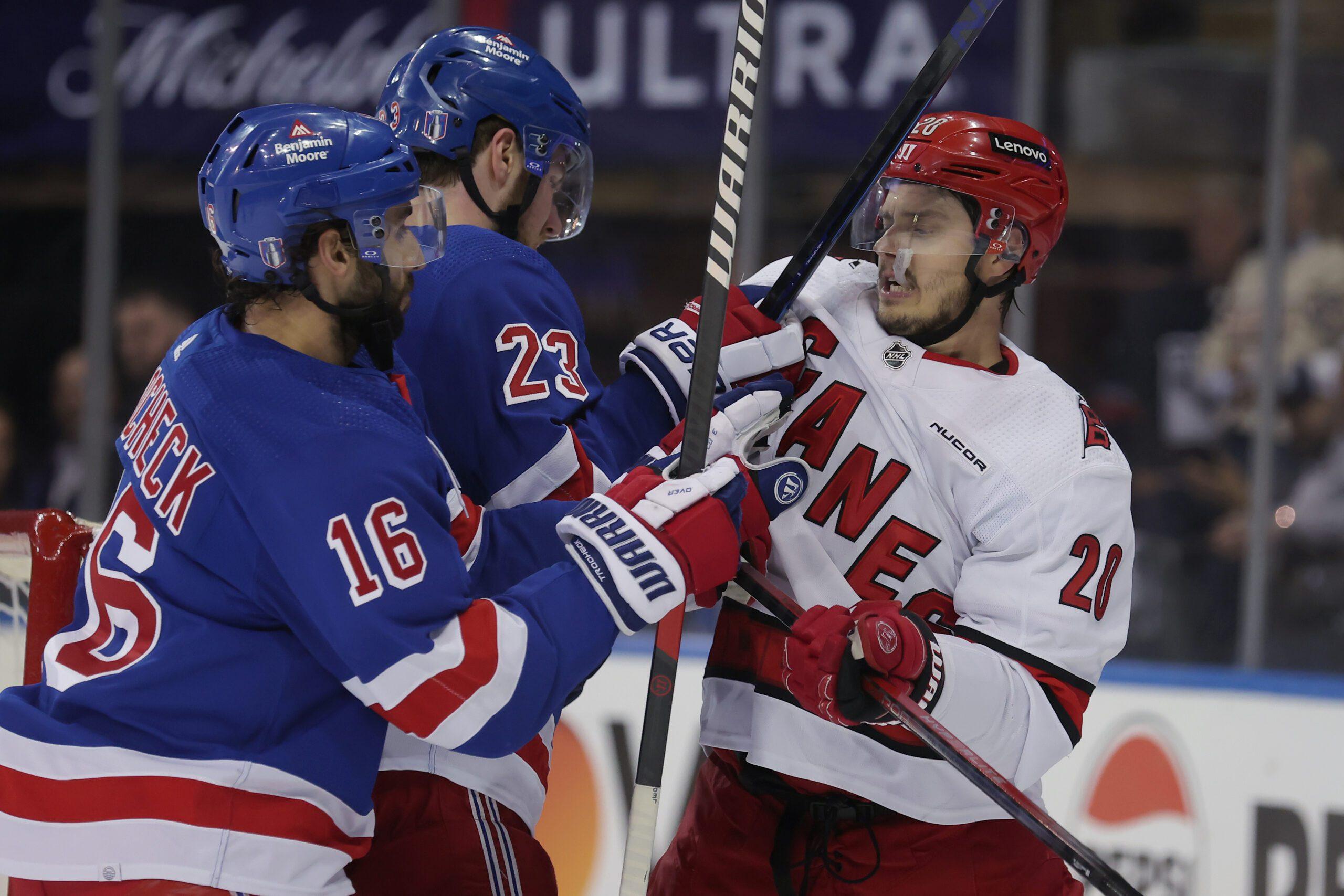 Vincent Trocheck, Adam Fox and Sebastian Aho