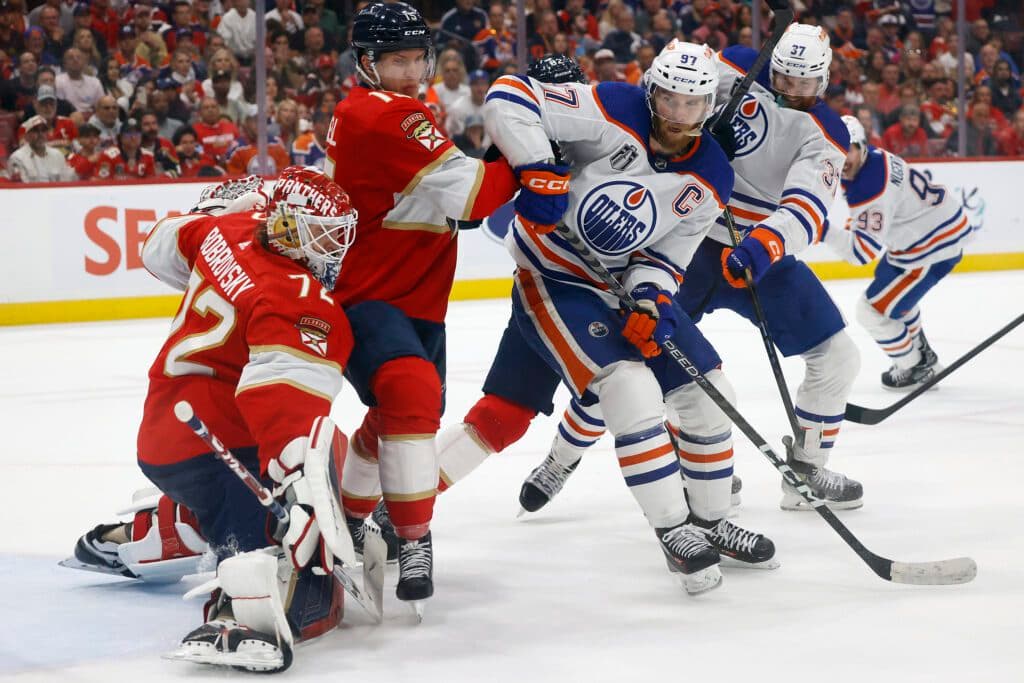 SUNRISE, FL - JUNE 24: Goaltender Sergei Bobrovsky #72 of the Florida Panthers defends the net against Connor McDavid #97 of the Edmonton Oilers in Game Seven of the Final of the 2024 Stanley Cup Playoffs at the Amerant Bank Arena on June 24, 2024 in Sunrise, Florida. (Photo by Joel Auerbach/Getty Images)