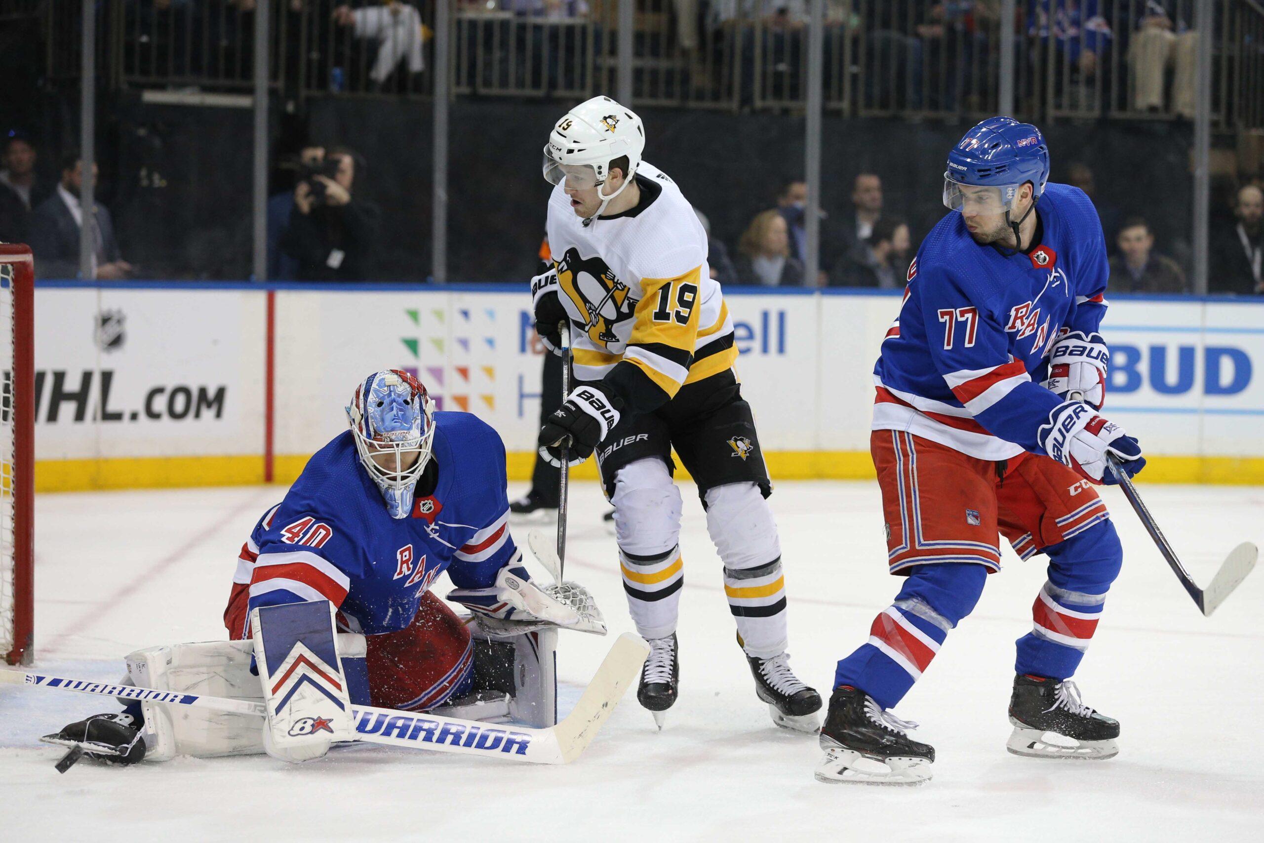 Tony DeAngelo and Alexandar Georgiev of the New York Rangers.