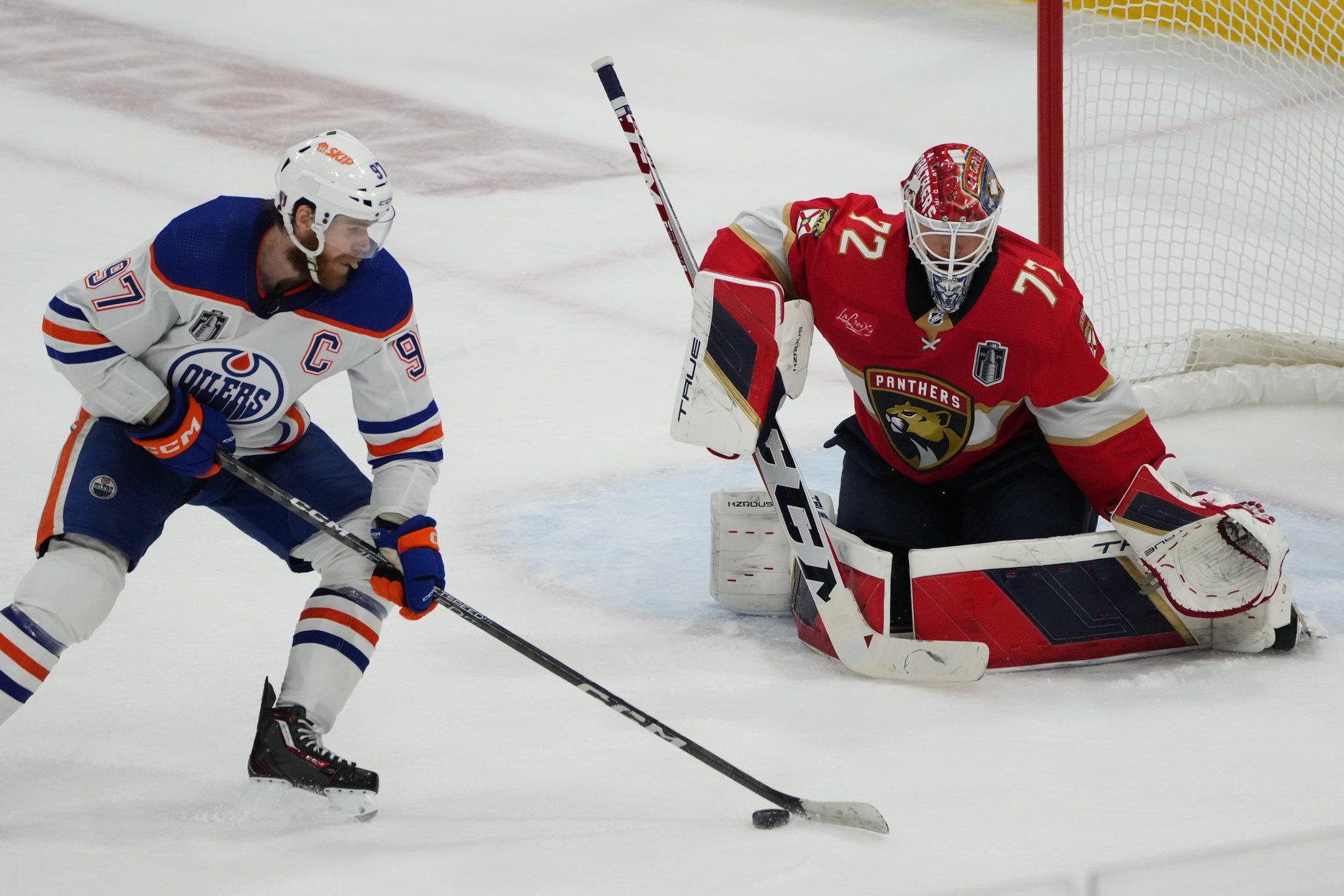 Edmonton Oilers center Connor McDavid and Florida Panthers goaltender Sergei Bobrovsky