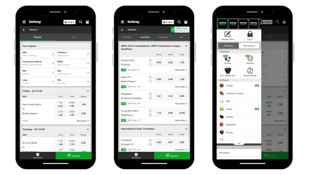 Mockups of the Betway Canada app, including the hockey betting leagues, live betting, and the left hand menu options.