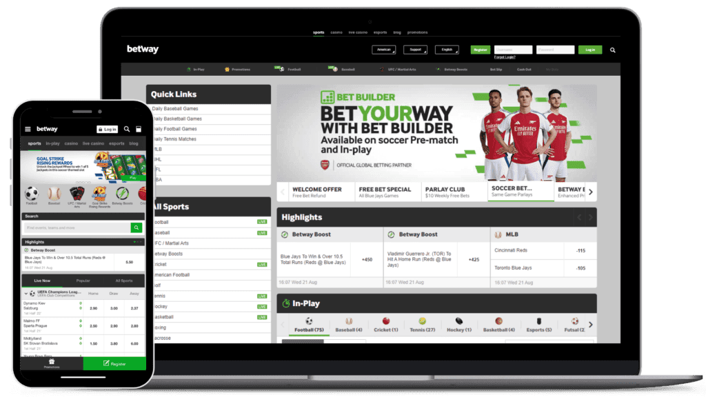 Mockup of betway canada's homepage on desktop and mobile app.