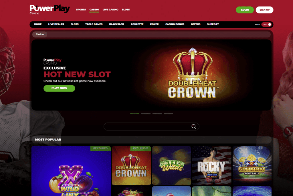 Screenshot of the Powerplay casino, featuring a new slot called "doubleheat crown".