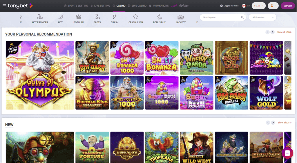 A screenshot of the Tonybet casino homepage.