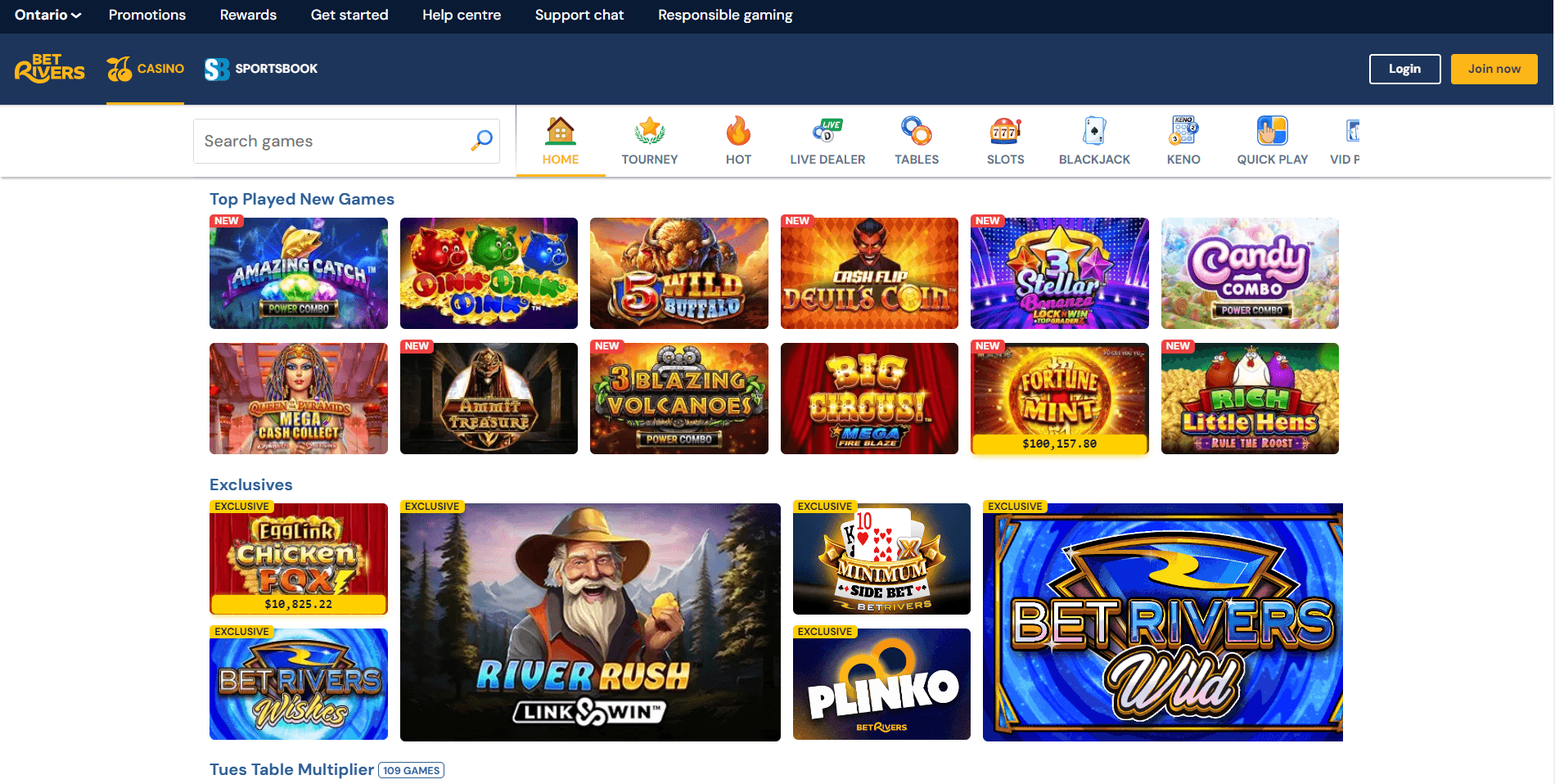 A screenshot of the betrivers casino top played games section.