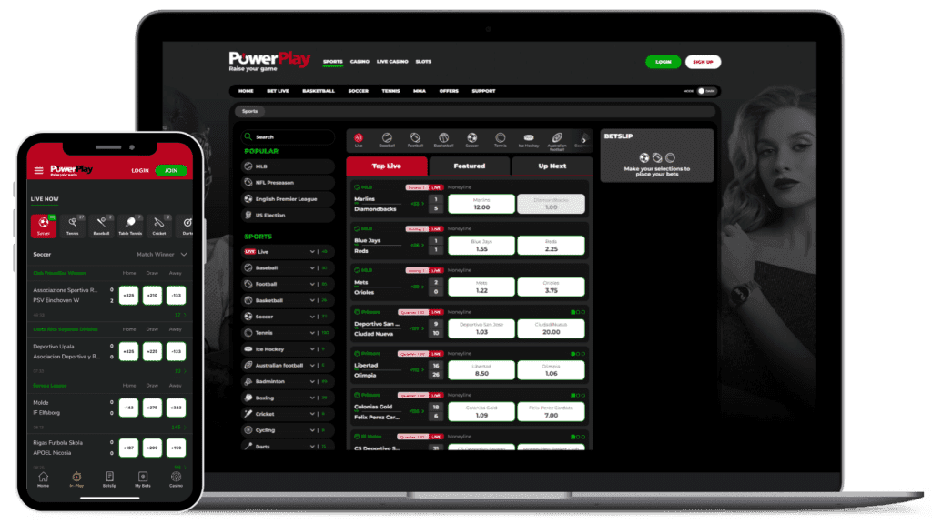 Laptop and iPhone mockup of PowerPlay Sportsbook's homepage.