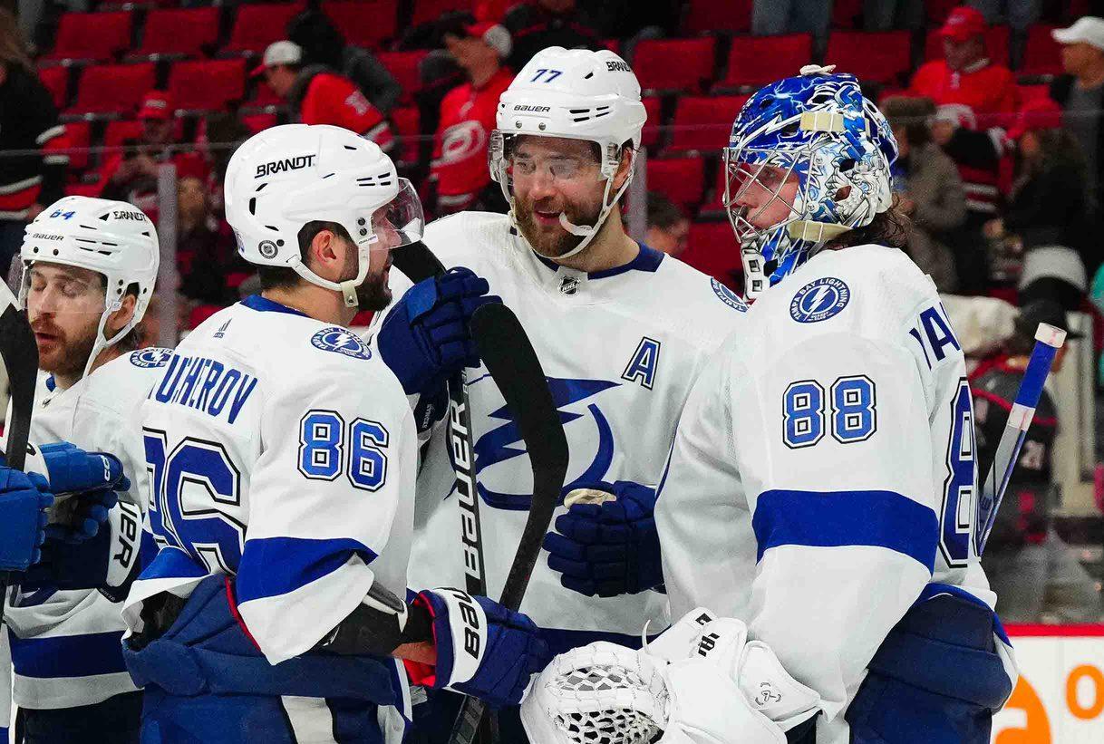 Tampa Bay Lightning winger Nikita Kucherov, defenseman Victor Hedman and goaltender Andrei Vasilevskiy,