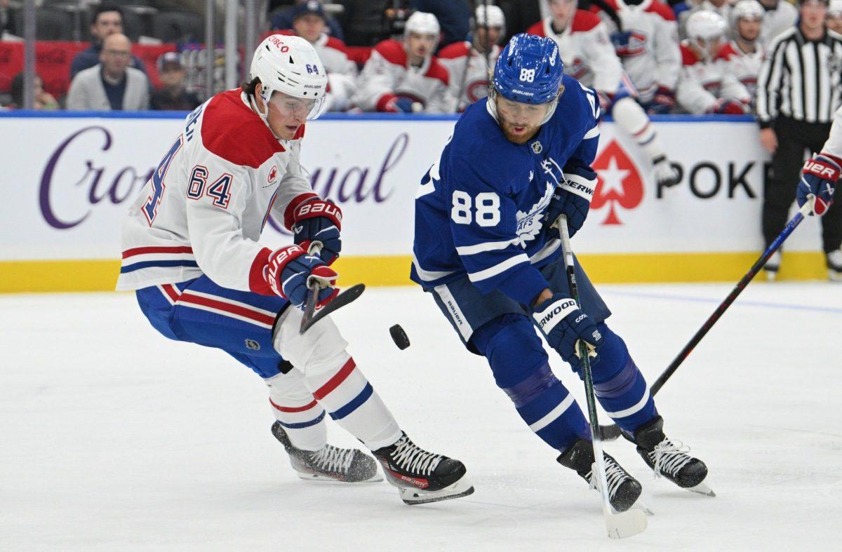 Montreal Canadiens defenseman David Reinbacker, Toronto Maple Leafs forward William Nylander