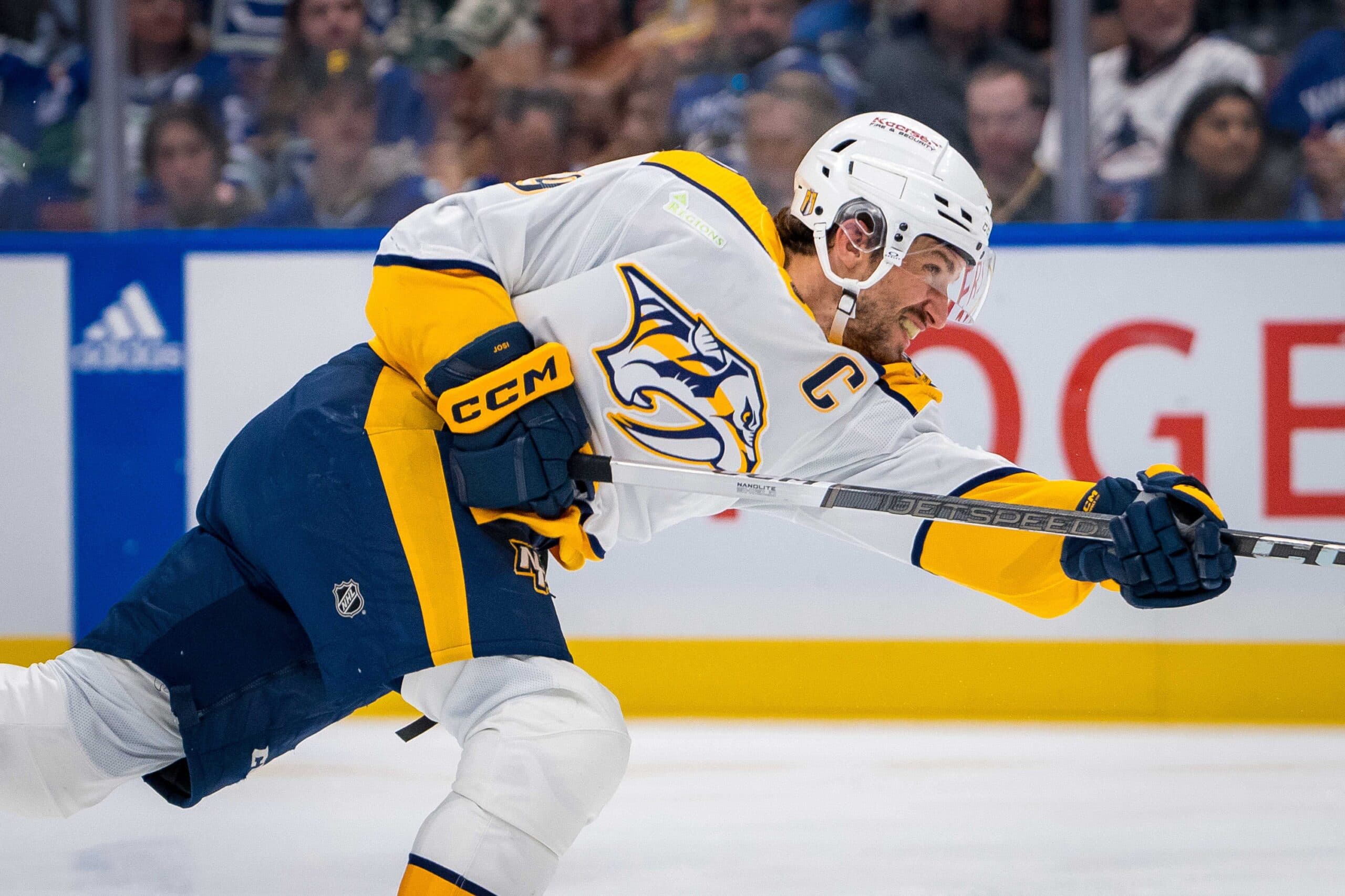 Nashville Predators defenseman Roman Josi (59) shoots against the Vancouver Canucks during the second period in game five of the first round of the 2024 Stanley Cup Playoffs at Rogers Arena.