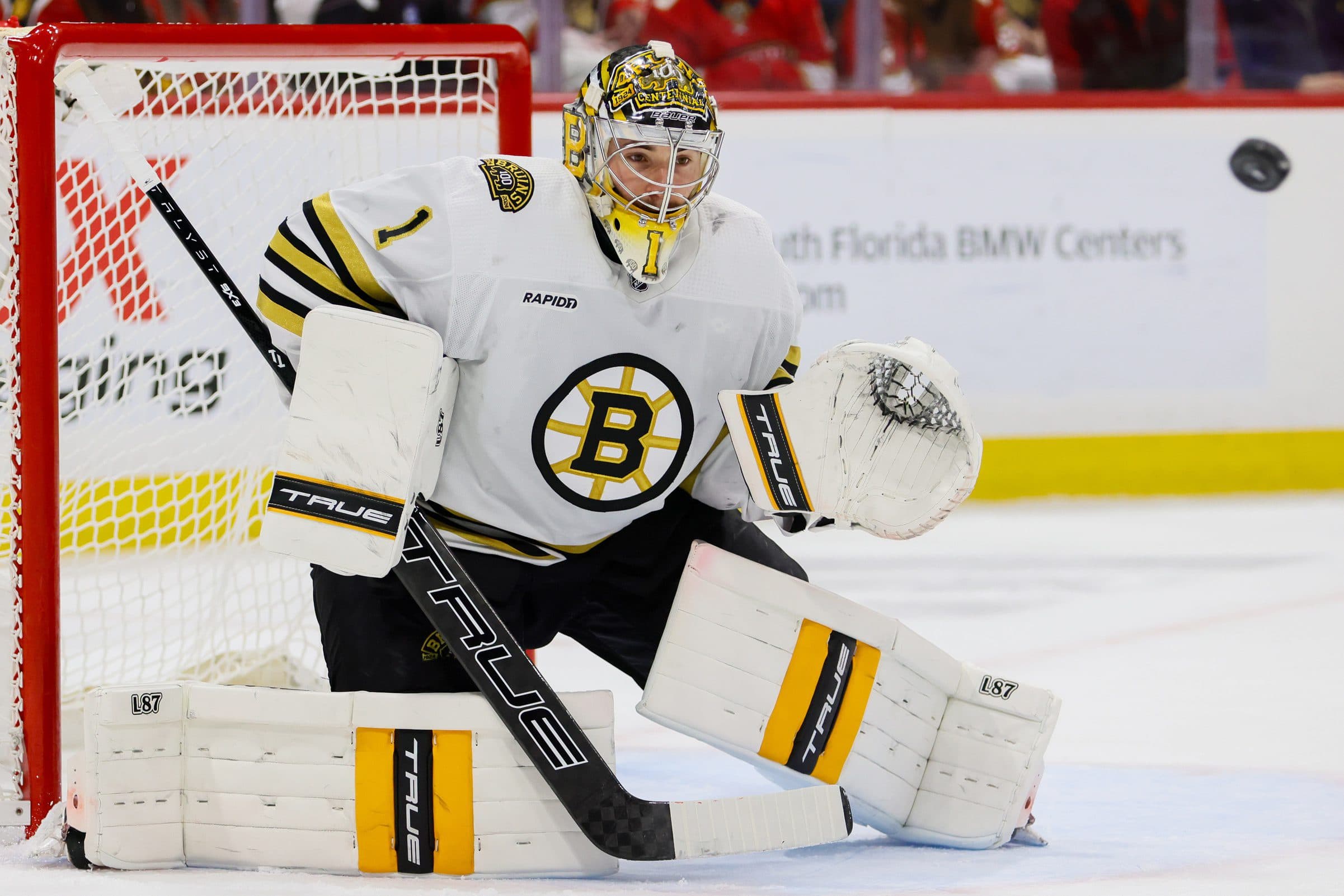 Boston Bruins goaltender Jeremy Swayman (1) defends his net against the Florida Panthers during the second period in game five of the second round of the 2024 Stanley Cup Playoffs at Amerant Bank Arena. Mandatory Credit: Sam Navarro-Imagn Images