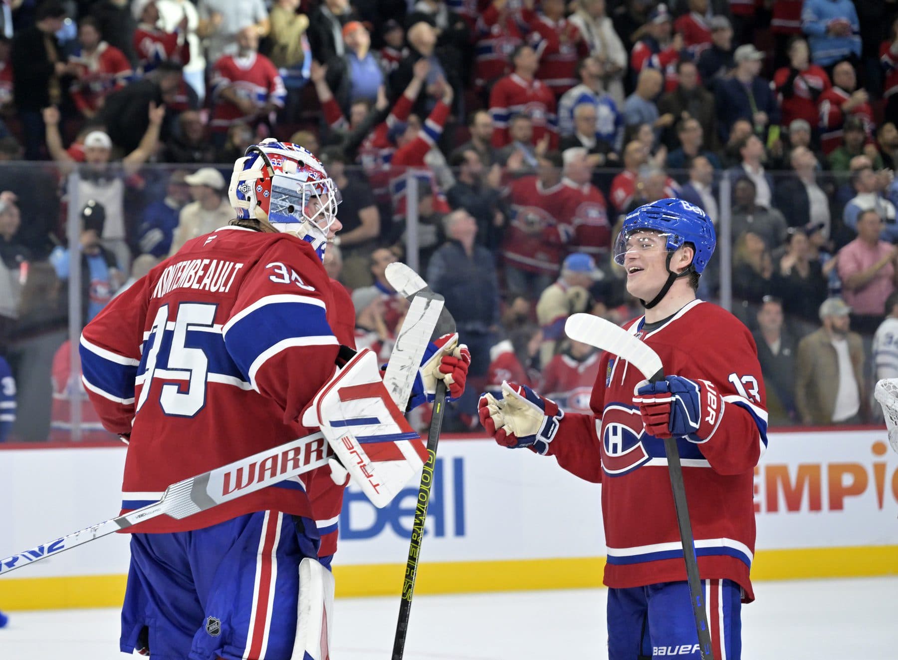 Montreal Canadiens winger Cole Caufield and goaltender Sam Montembeault.