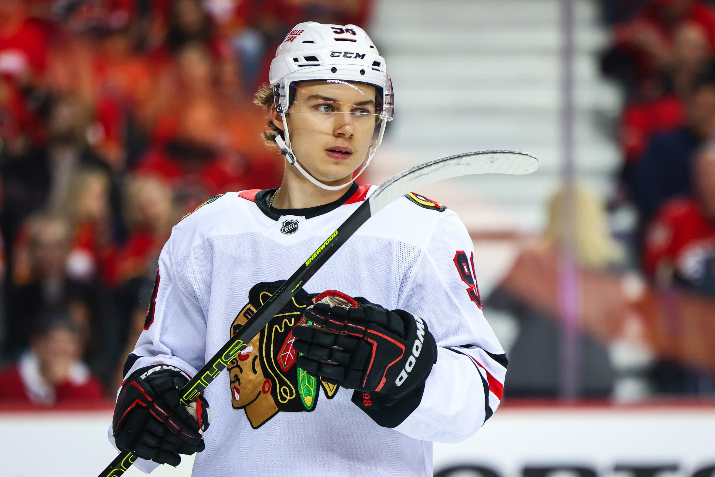 Chicago Blackhawks center Connor Bedard (98) during the first period against the Calgary Flames at Scotiabank Saddledome.