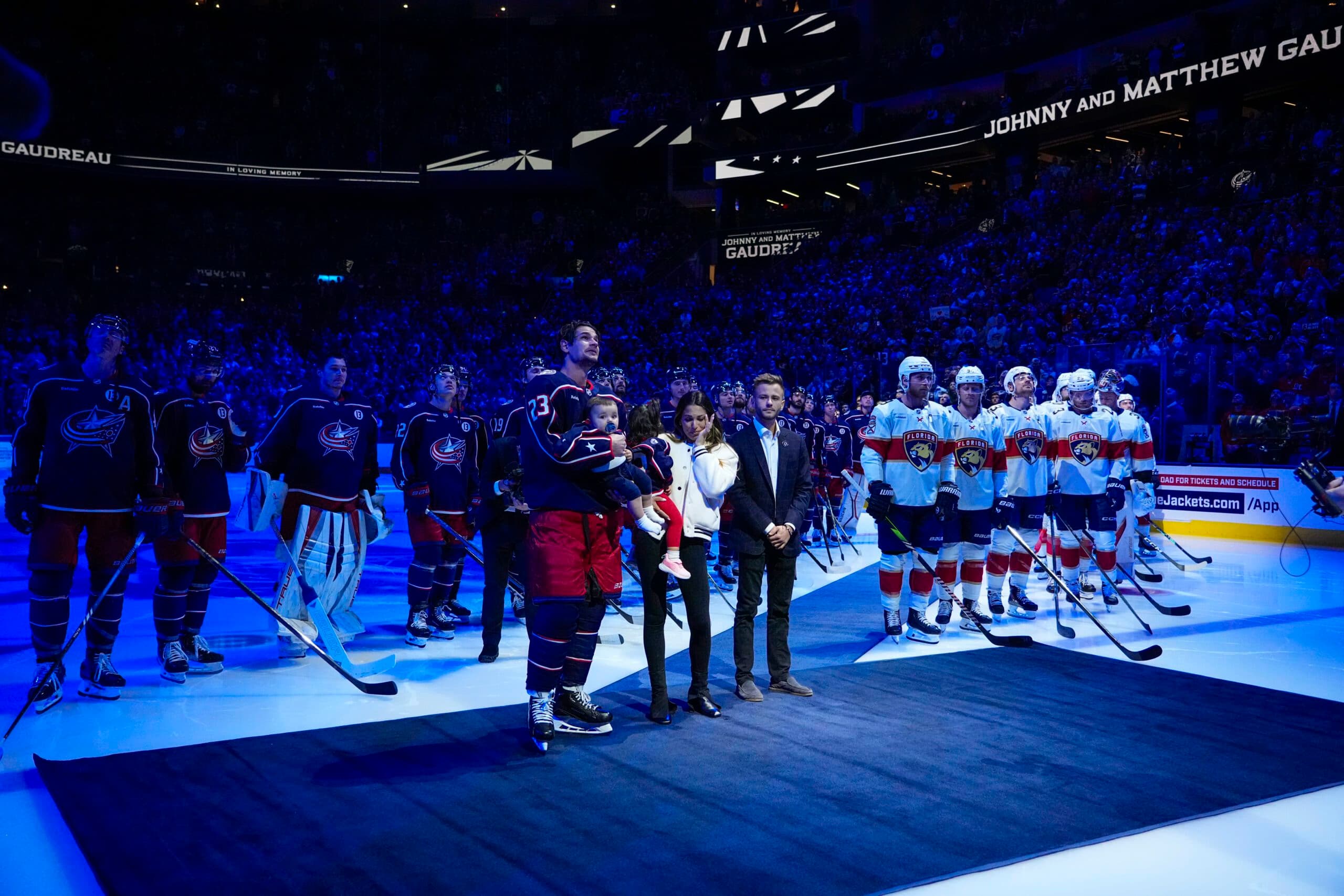 Columbus Blue Jackets and Florida Panthers pay tribute to the late, Johnny Gaudreau.