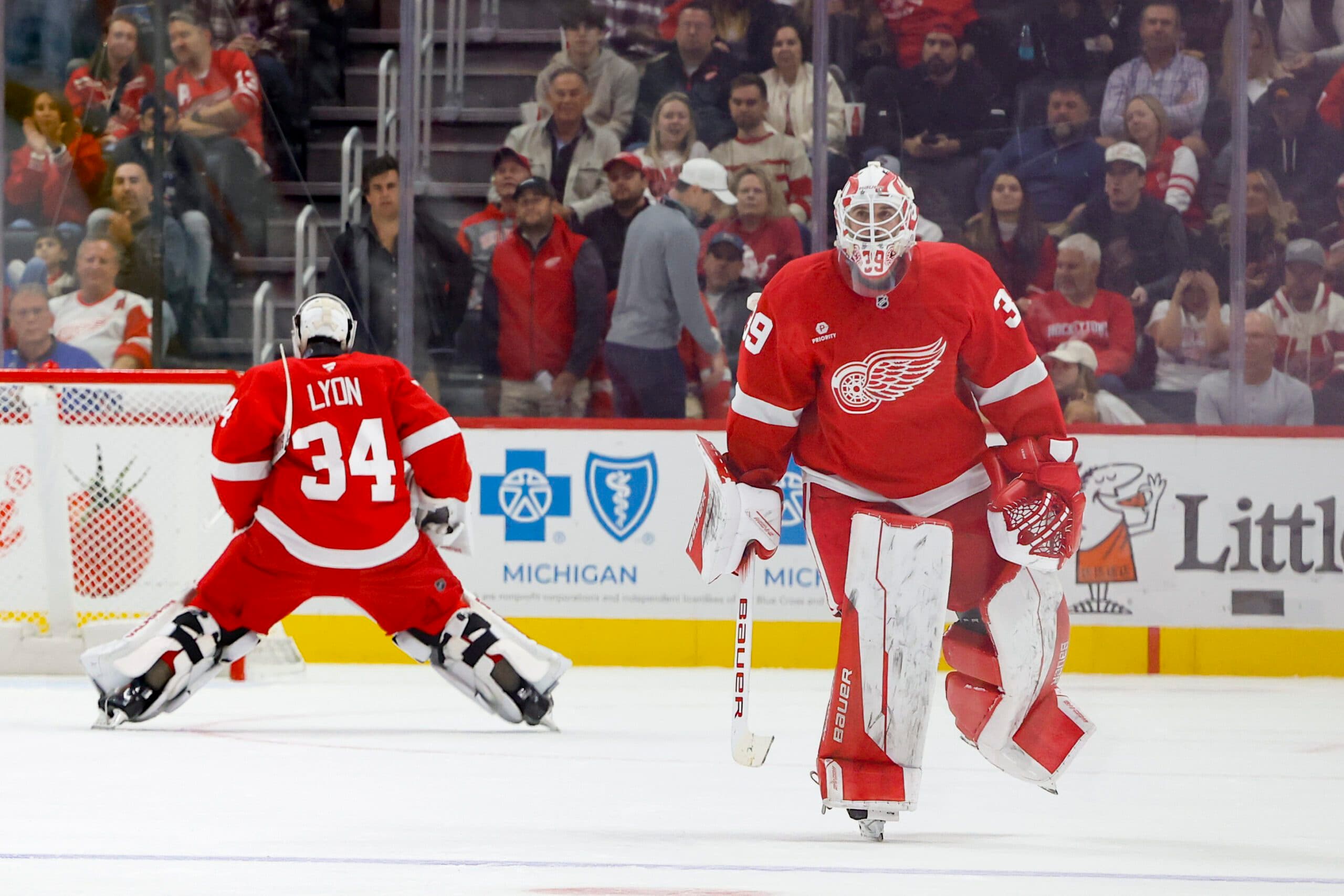 Detroit Red Wings goaltenders Alex Lyon and Cam Talbot.