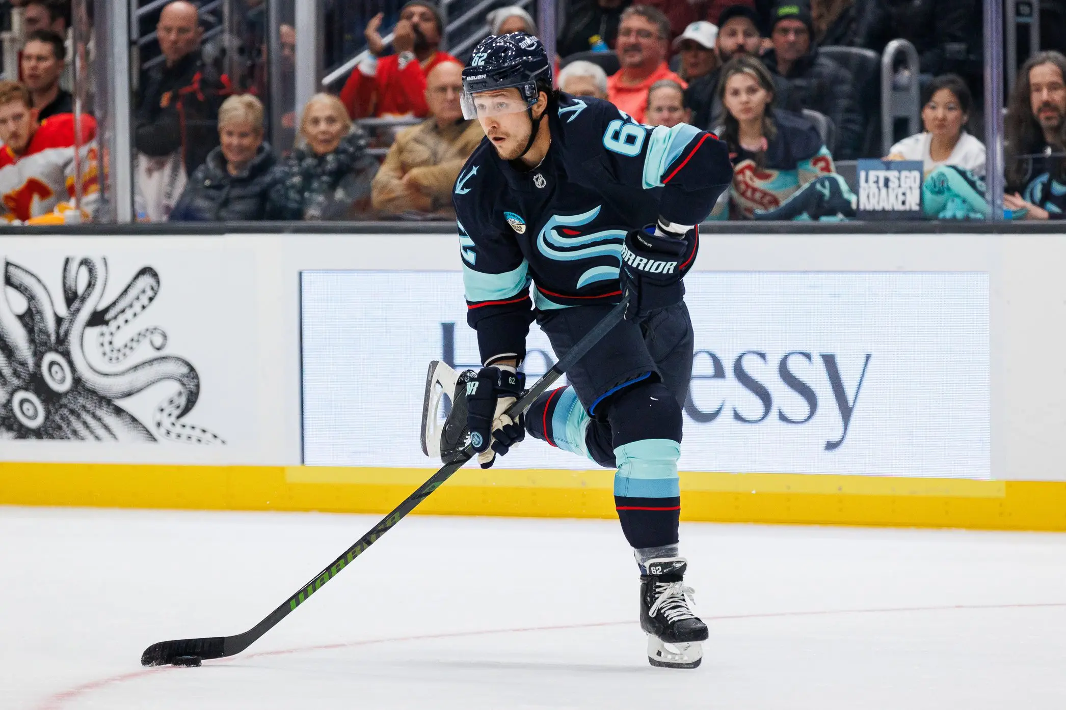 Seattle Kraken defenseman Brandon Montour (62) shoots against the Calgary Flames during the first period at Climate Pledge Arena.