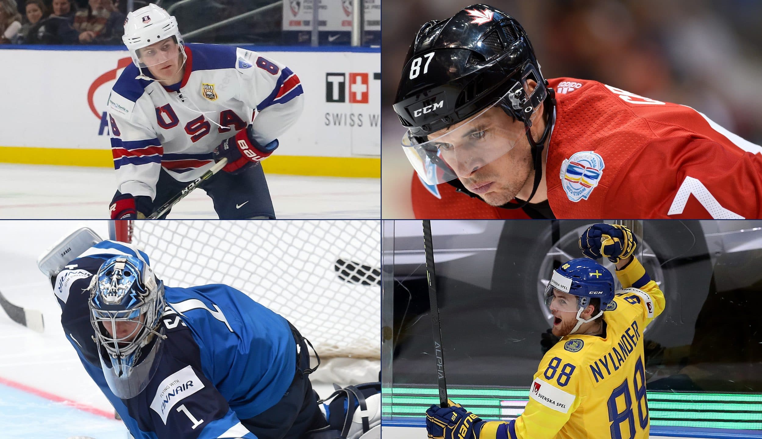 Adam Fox, Sidney Crosby, Juuse Saros and William Nylander