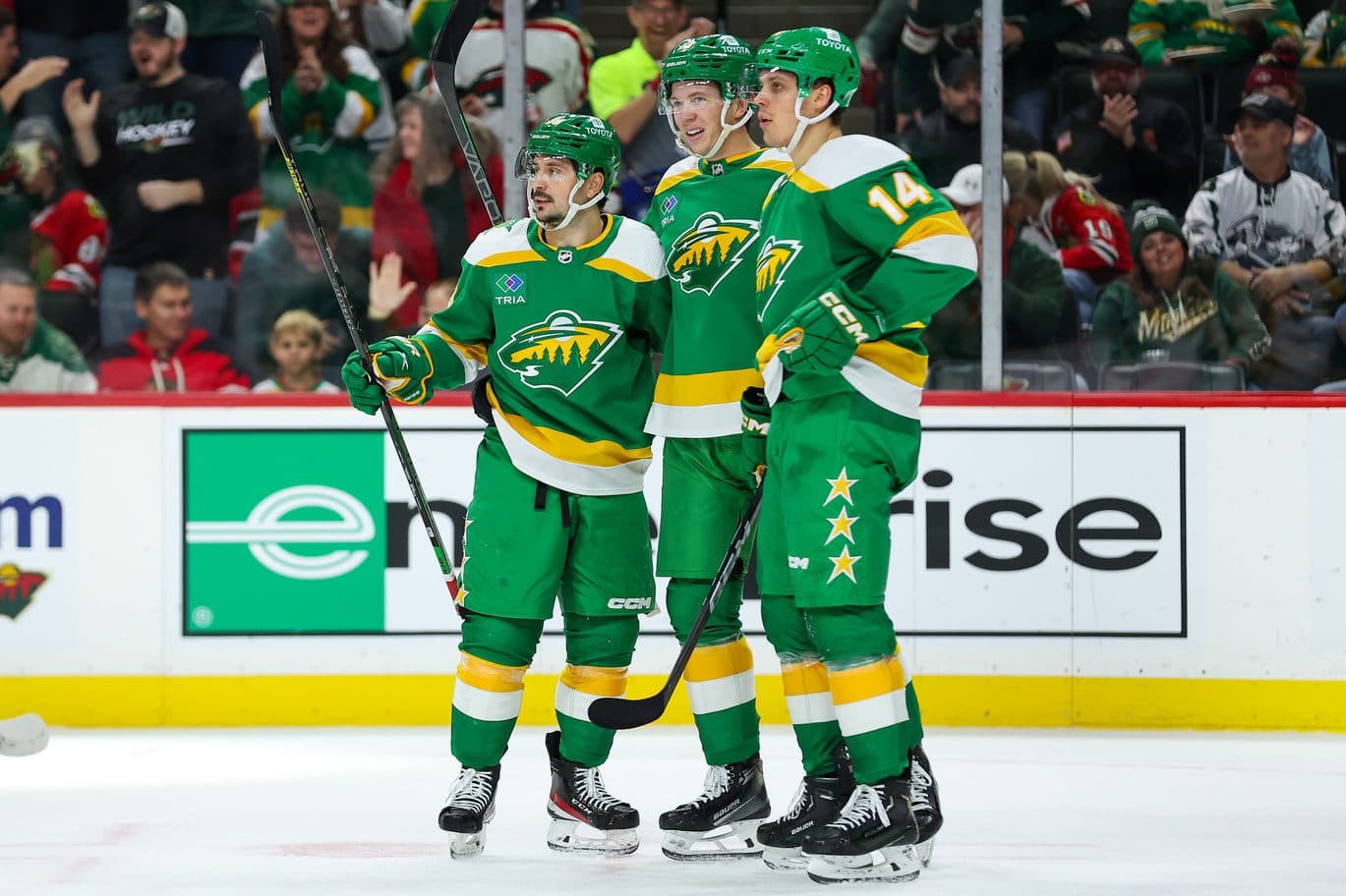 Minnesota Wild forwards Mats Zuccarello, Joel Eriksson Ek and Matt Boldy.