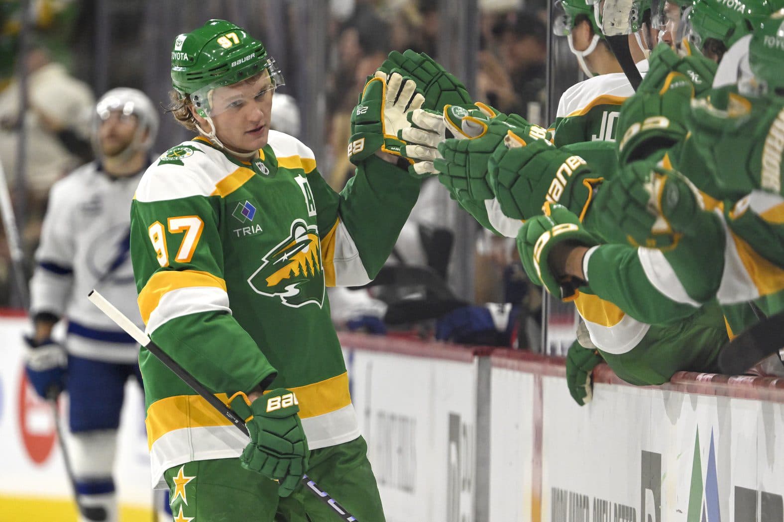 Minnesota Wild forward Kirill Kaprizov (97) celebrates his goal against the Tampa Bay Lightning during the third period at Xcel Energy Center