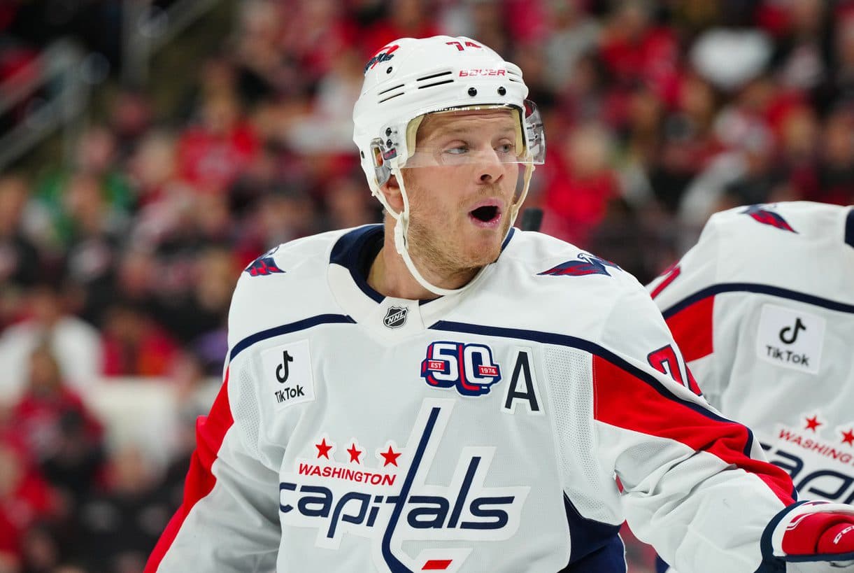 Washington Capitals defenseman John Carlson (74) reacts against the Carolina Hurricanes during the first period Lenovo Center.