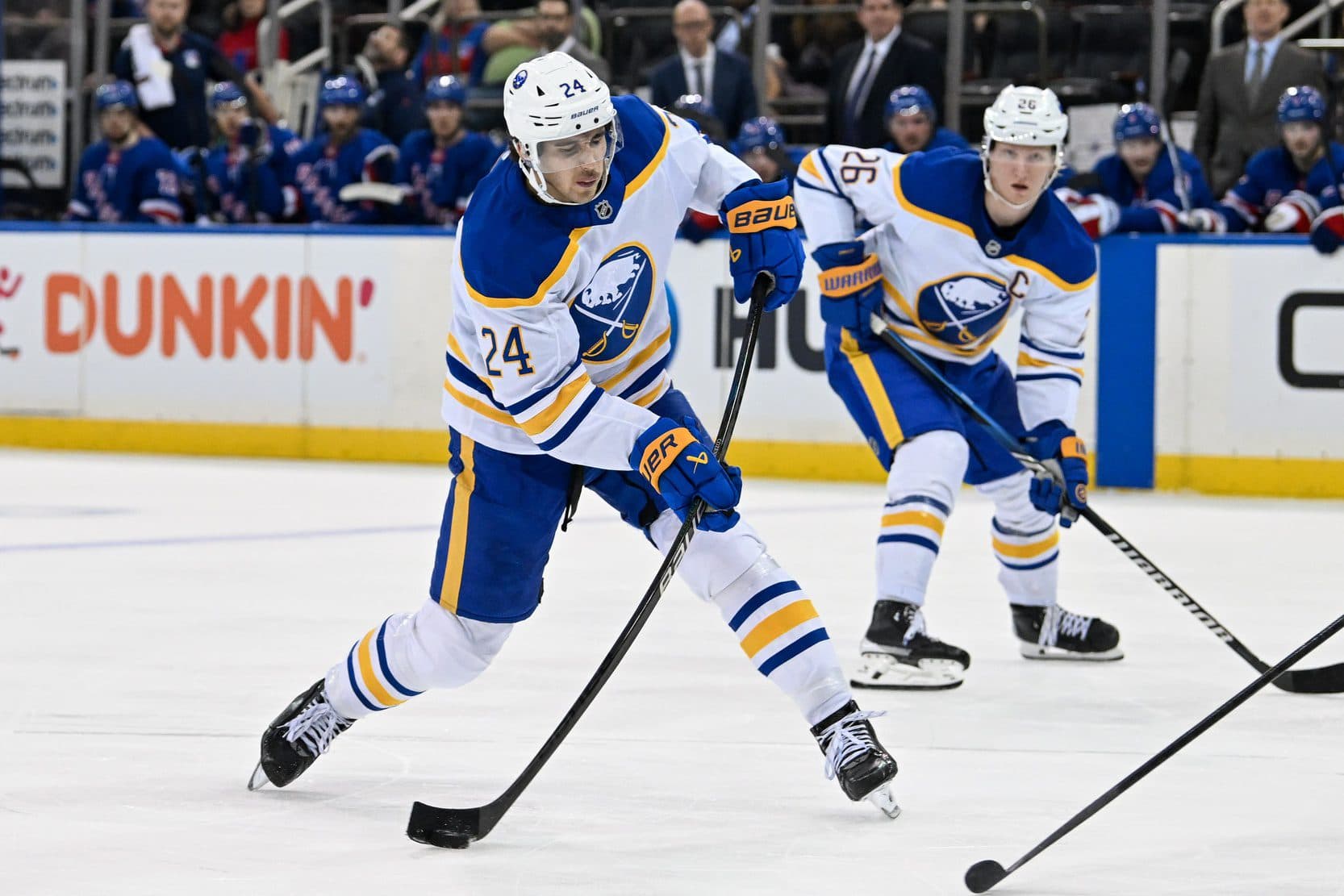 Buffalo Sabres center Dylan Cozens (24) shoots against the New York Rangers during the third period at Madison Square Garden