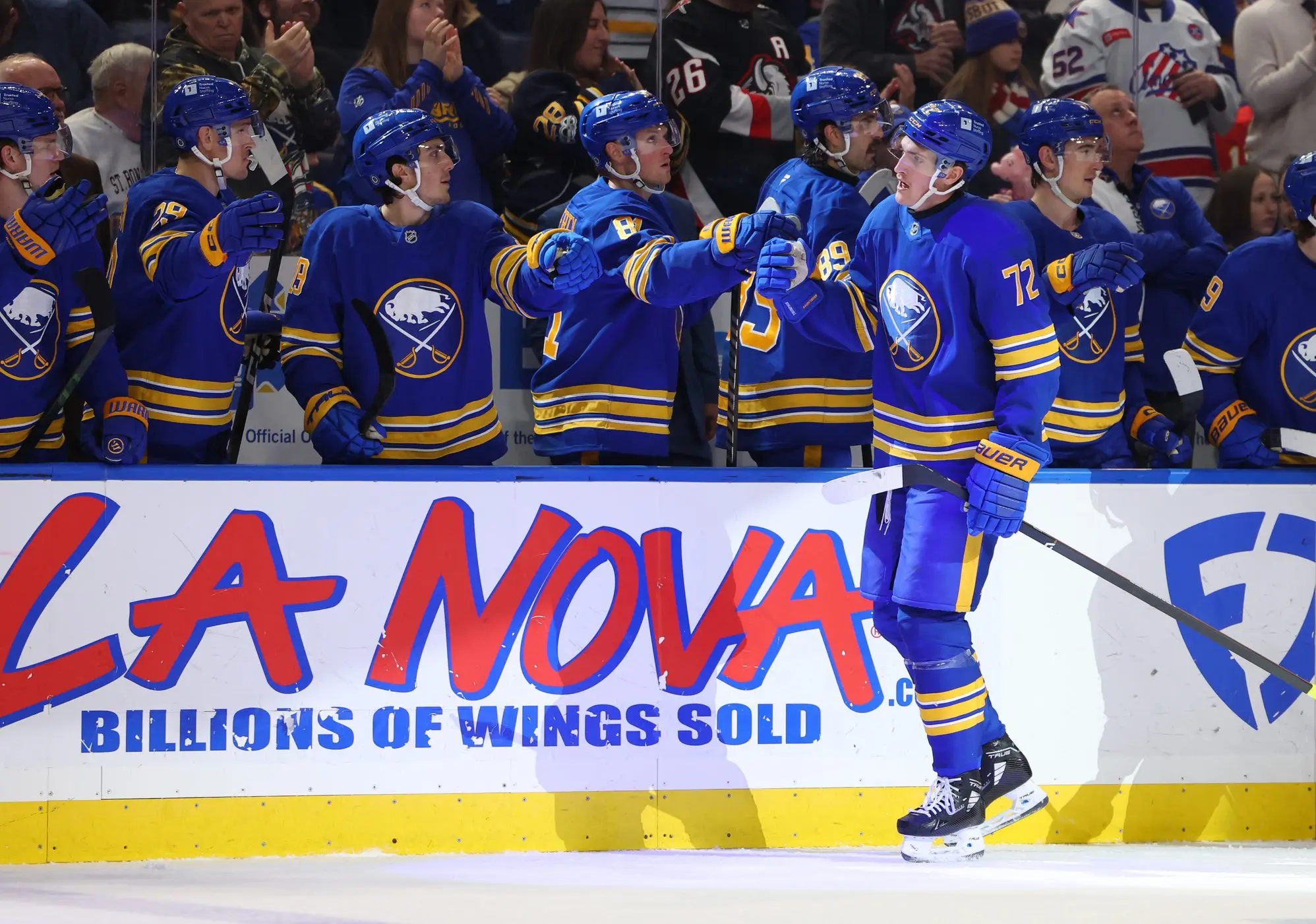 Buffalo Sabres center Tage Thompson (72) celebrates his goal with teammates during the first period against the Calgary Flames at KeyBank Center