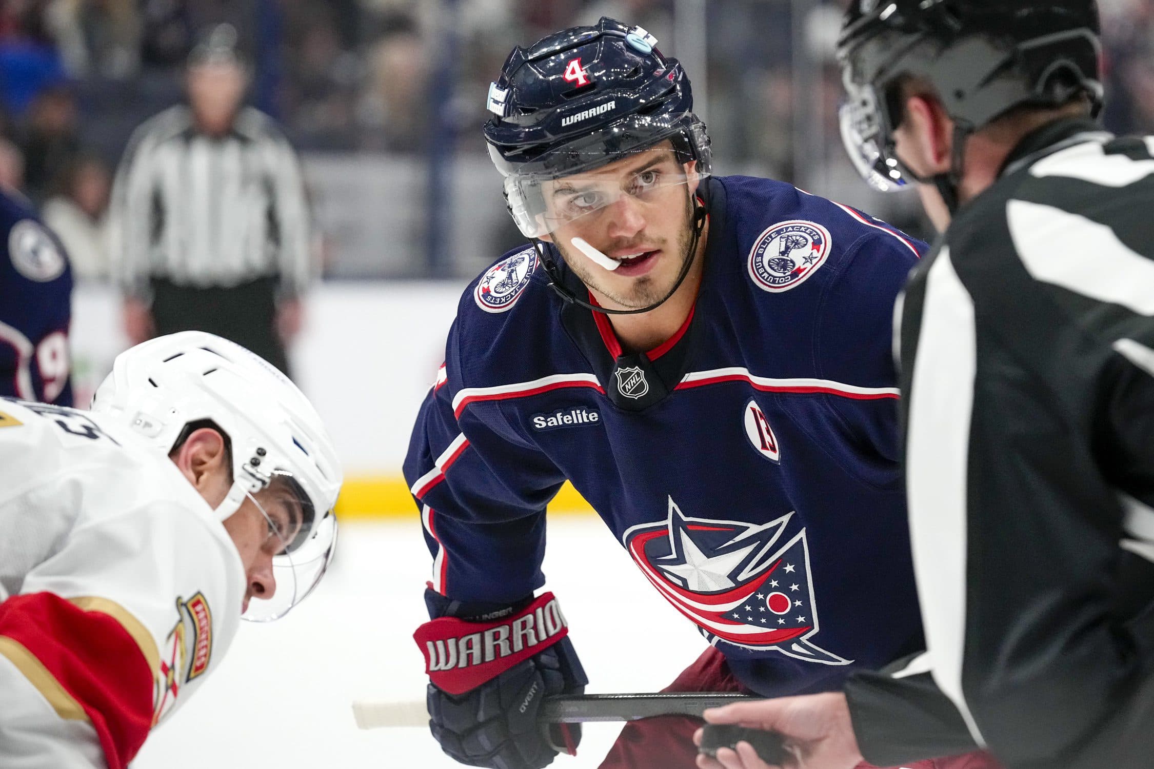 Columbus Blue Jackets center Cole Sillinger (4) looks at the referee in the third period during the home opener against the Florida Panthers at Nationwide Arena.