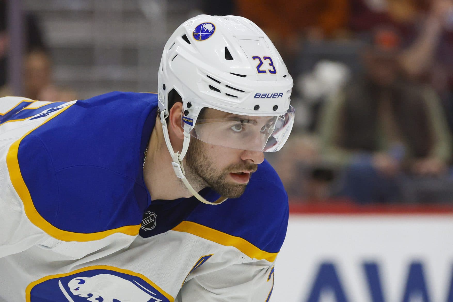 Buffalo Sabres defenseman Mattias Samuelsson (23) looks on during the second period of the game at Little Caesars Arena.