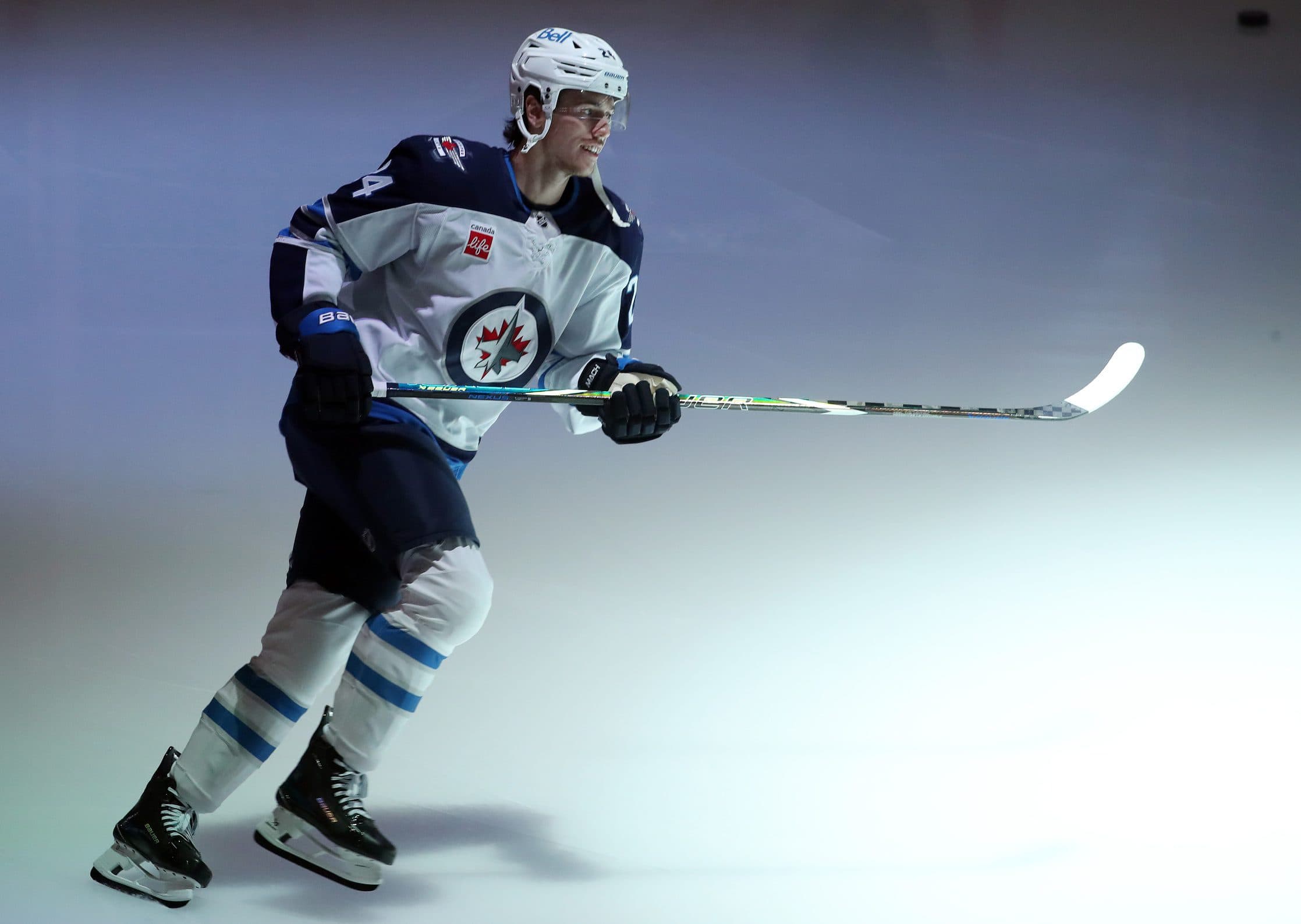 Winnipeg Jets defenseman Haydn Fleury (24) takes the ice to warm up against the Pittsburgh Penguins at PPG Paints Arena.