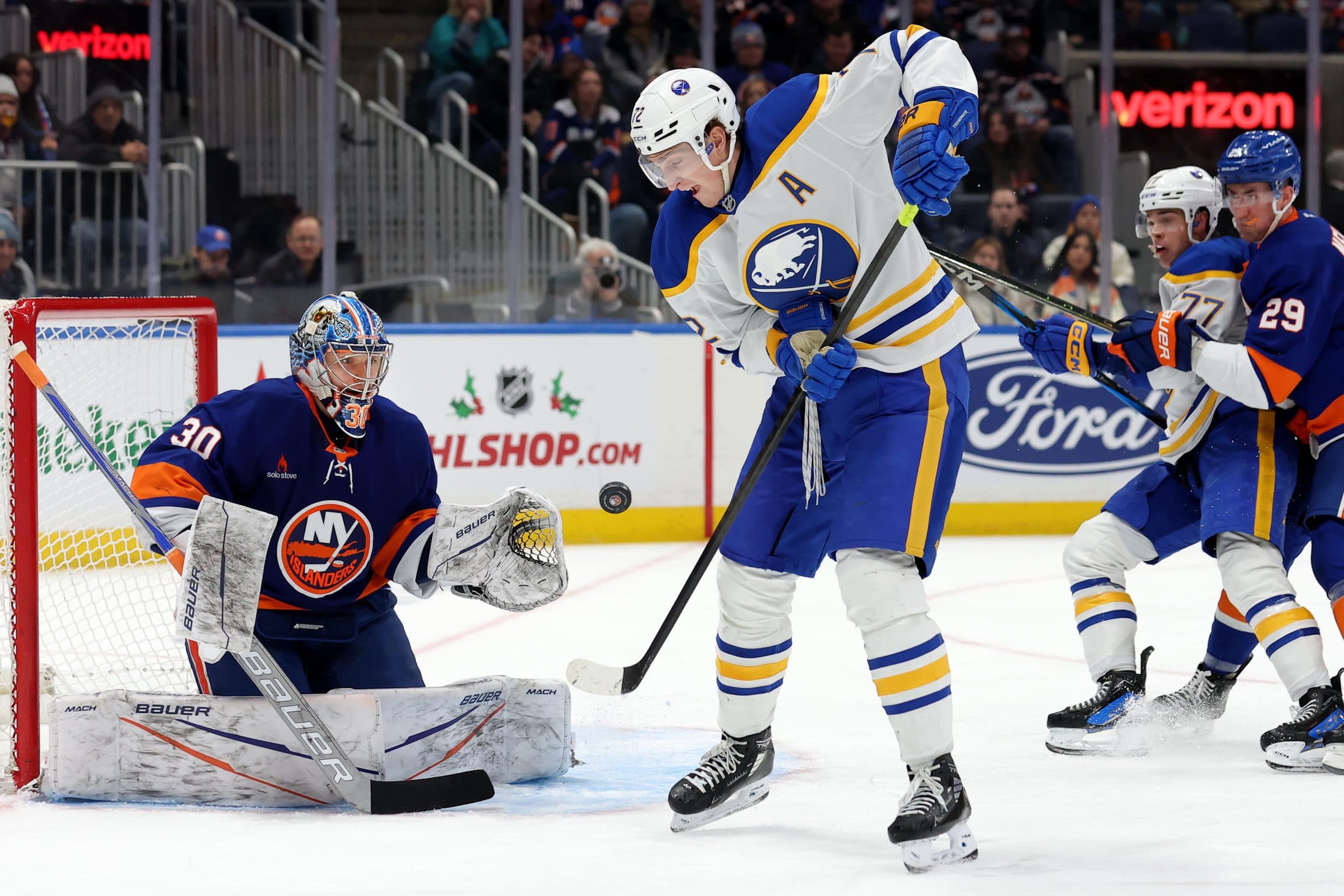 Buffalo Sabres center Tage Thompson (72) attempts to redirect a puck past New York Islanders goaltender Ilya Sorokin (30) during the third period at UBS Arena