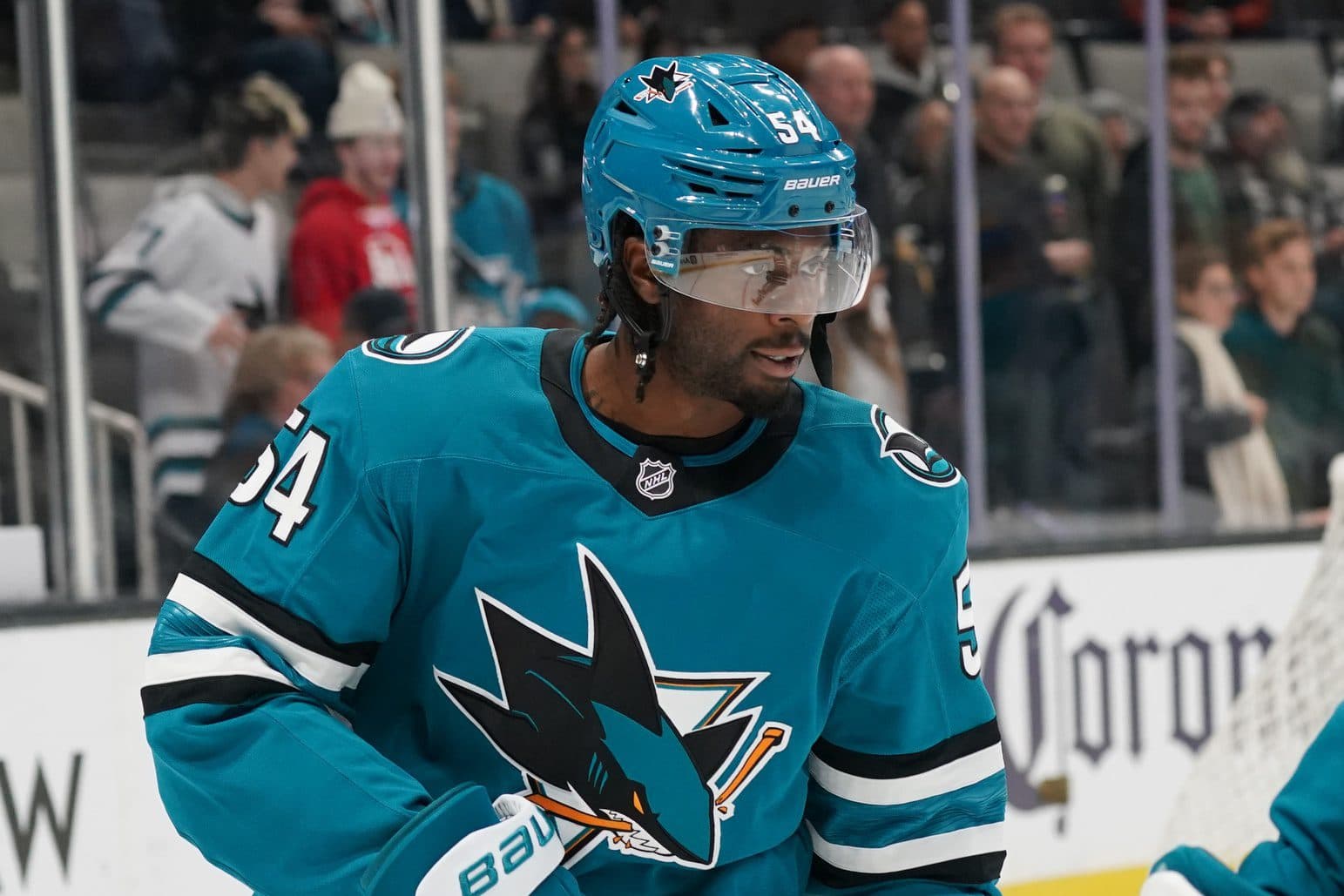 San Jose Sharks right wing Givani Smith (54) warms up against the Los Angeles Kings during pregame at SAP Center at San Jose.