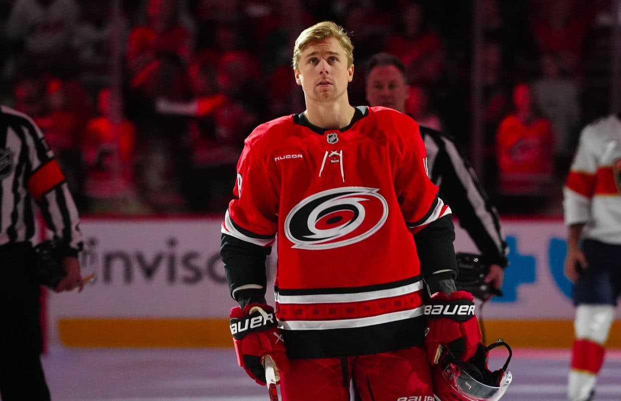 Carolina Hurricanes center Jack Drury (18) looks on against the Florida Panthers before the start of the game against the Florida Panthers at Lenovo Center.