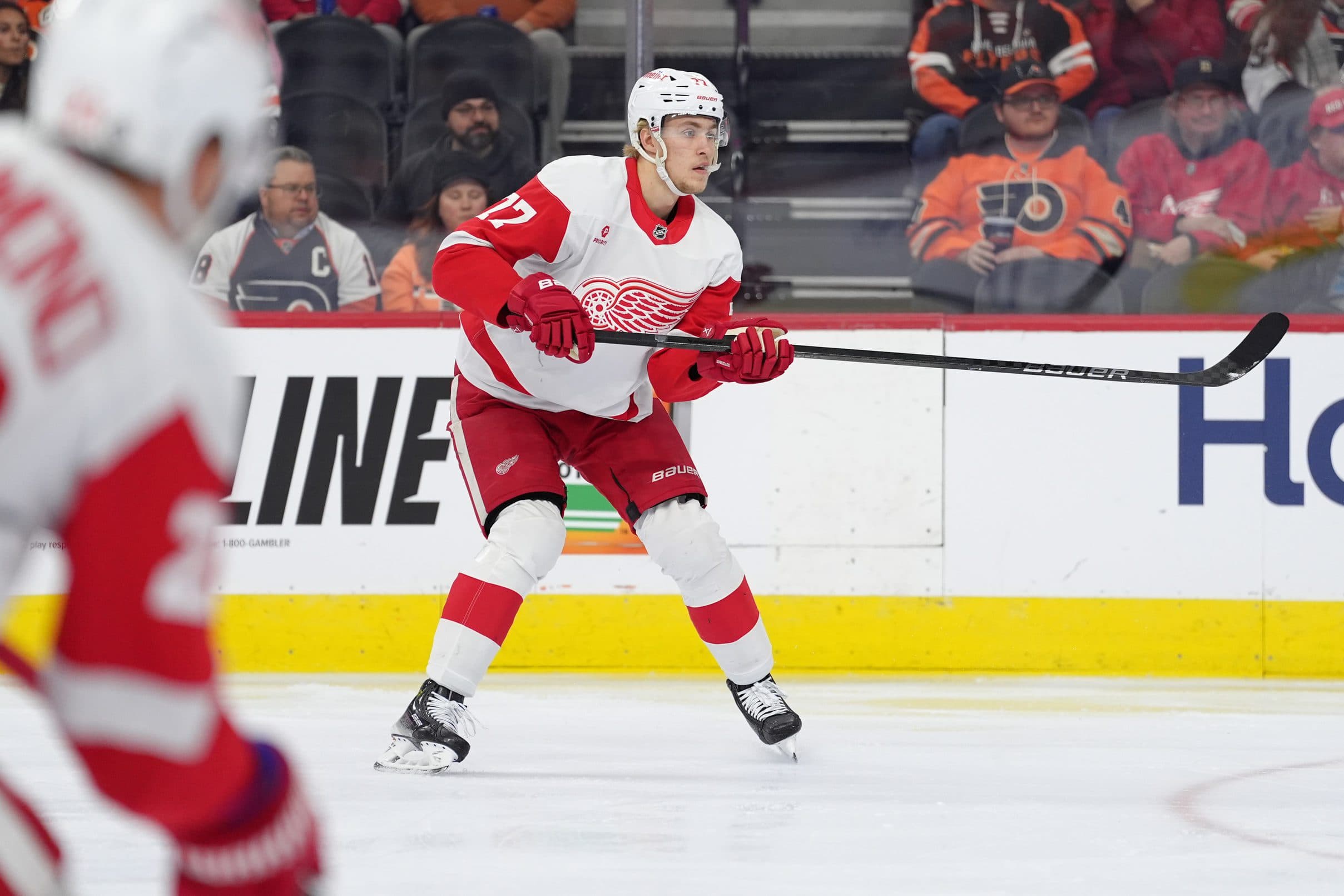 Detroit Red Wings defenseman Simon Edvinsson (77) in action against the Philadelphia Flyers in the first period at Wells Fargo Center.