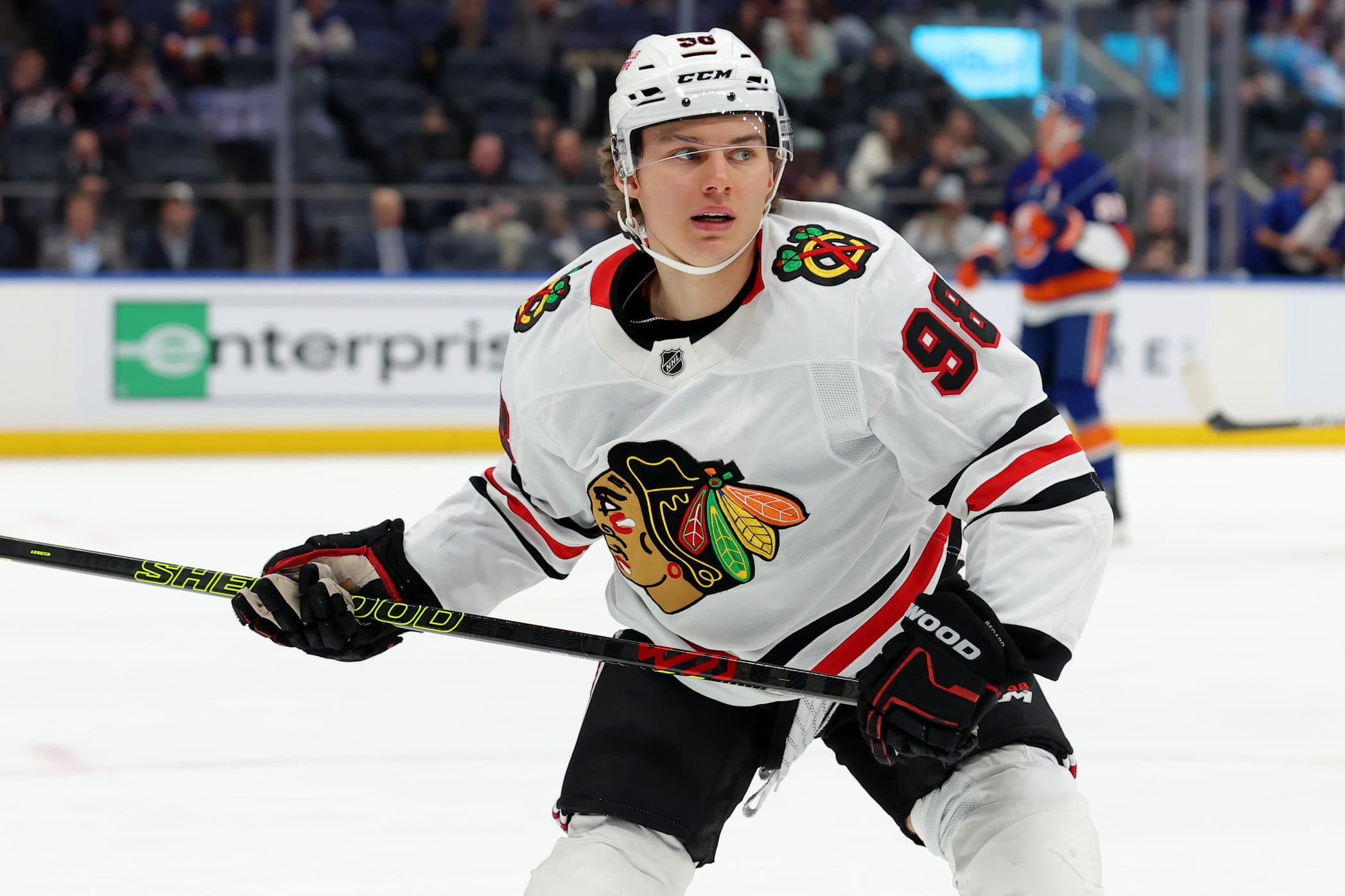 Chicago Blackhawks center Connor Bedard (98) reacts after scoring a goal against the New York Islanders during the first period at UBS Arena.