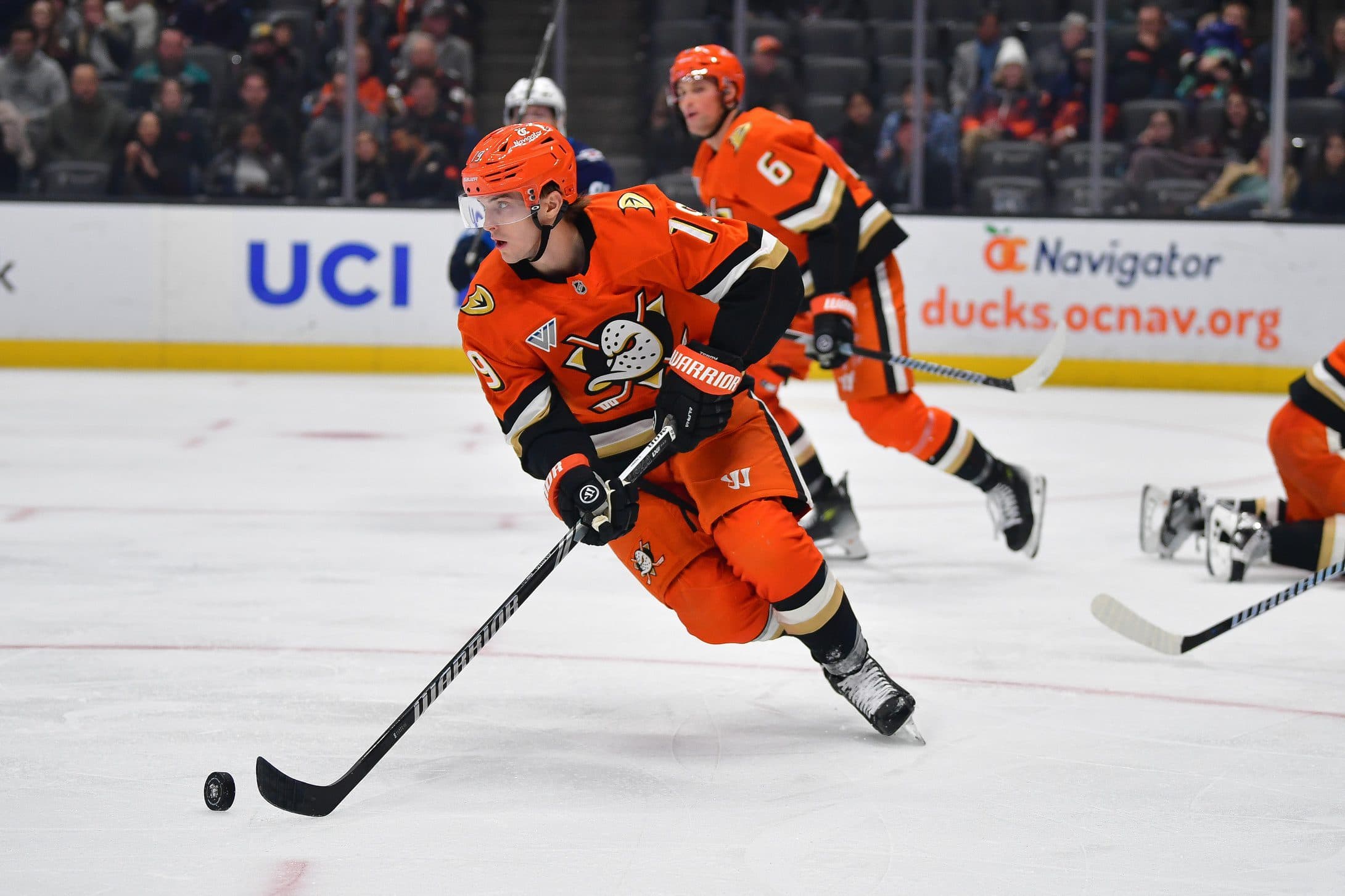 Anaheim Ducks right wing Troy Terry (19) moves the puck against the Winnipeg Jets during the third period at Honda Center.