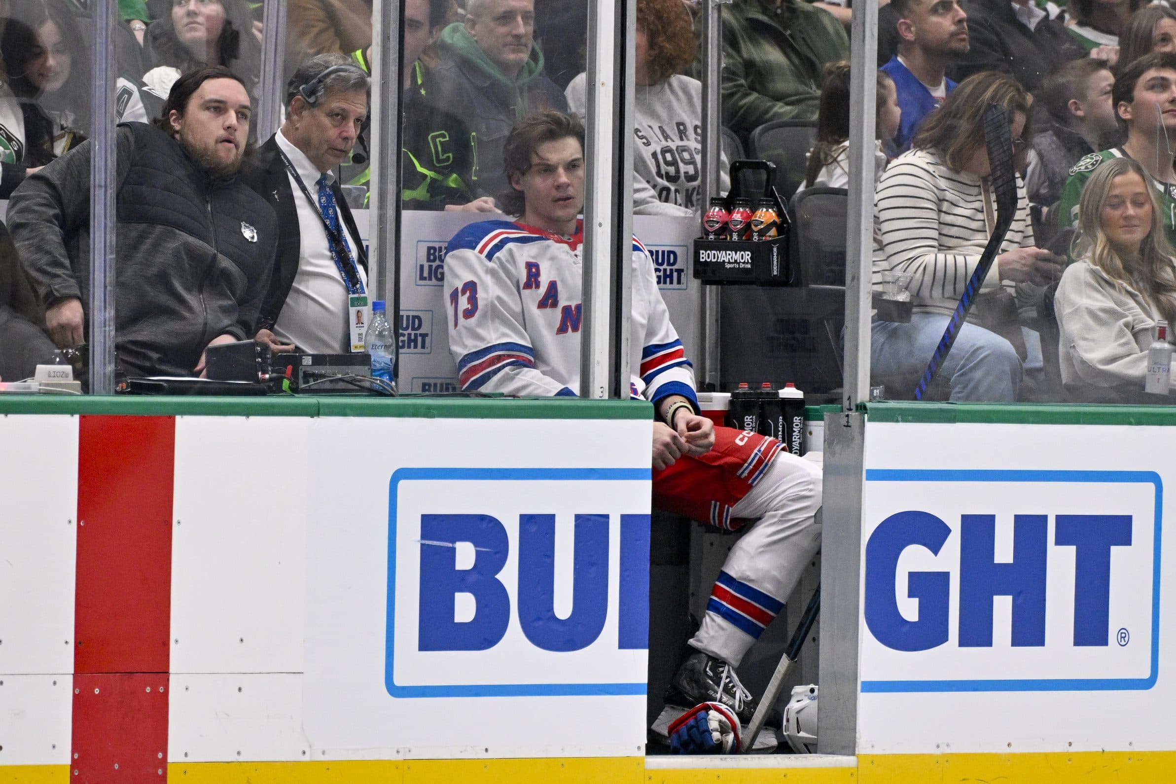 New York Rangers center Matt Rempe (73) sits in the penalty box after receiving a penalty for an elbow on Dallas Stars defenseman Miro Heiskanen (not pictured) during the third period at the American Airlines Center.