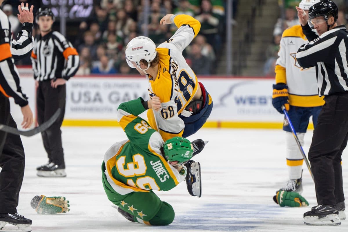 Predators’ Zachary L’Heureux given match penalty for slew-footing Wild’s Jared Spurgeon