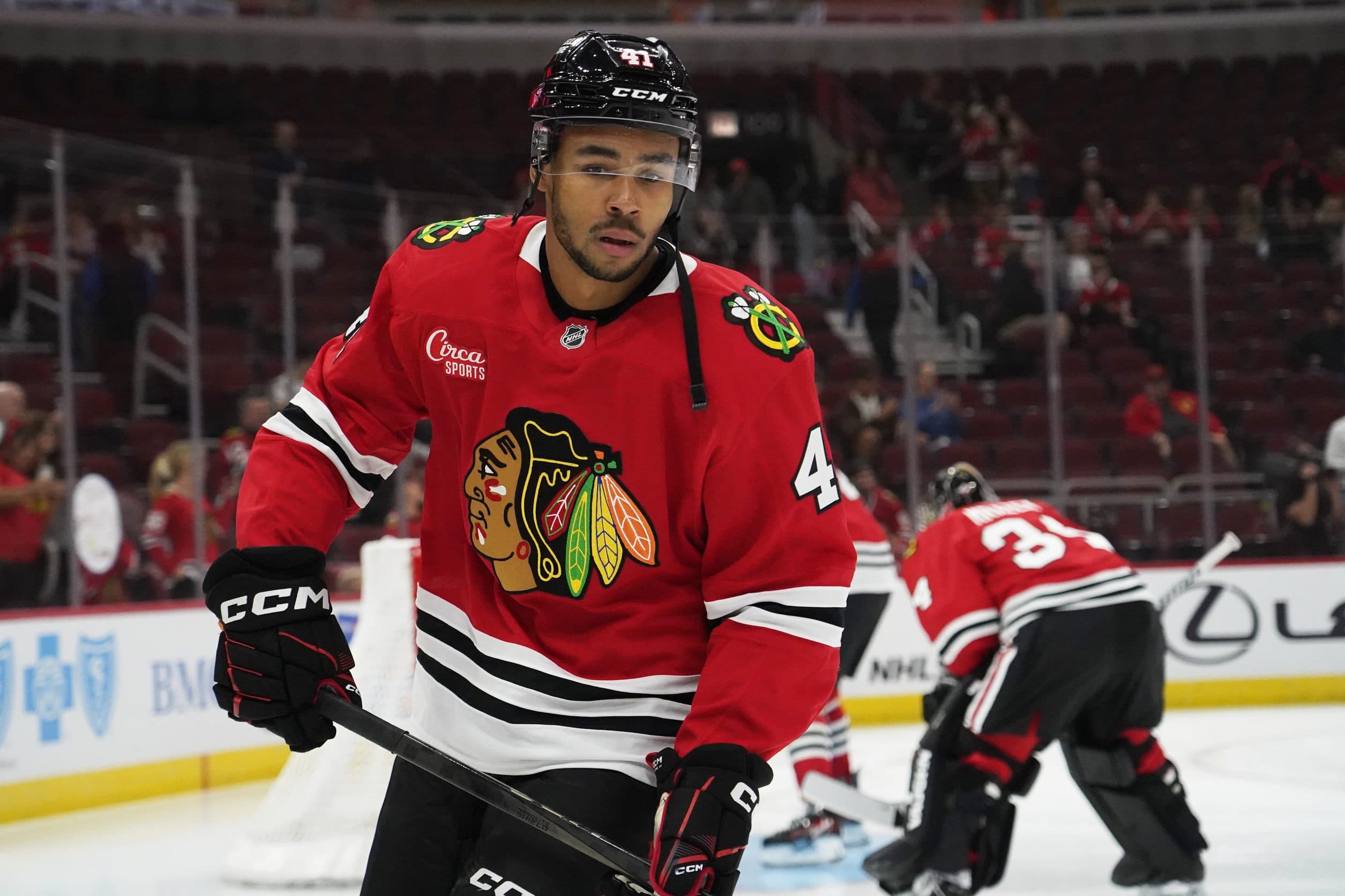 Chicago Blackhawks defenseman Isaak Phillips (41) during warmups before a game against the Minnesota Wild at United Center.