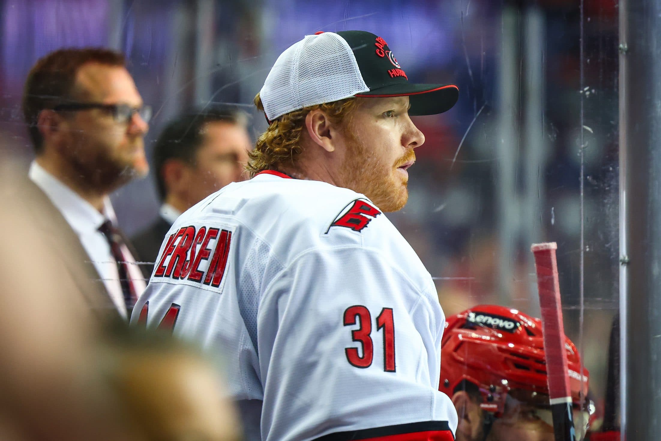 Carolina Hurricanes goaltender Frederik Andersen (31) on his bench against the Calgary Flames during the third period at Scotiabank Saddledome.