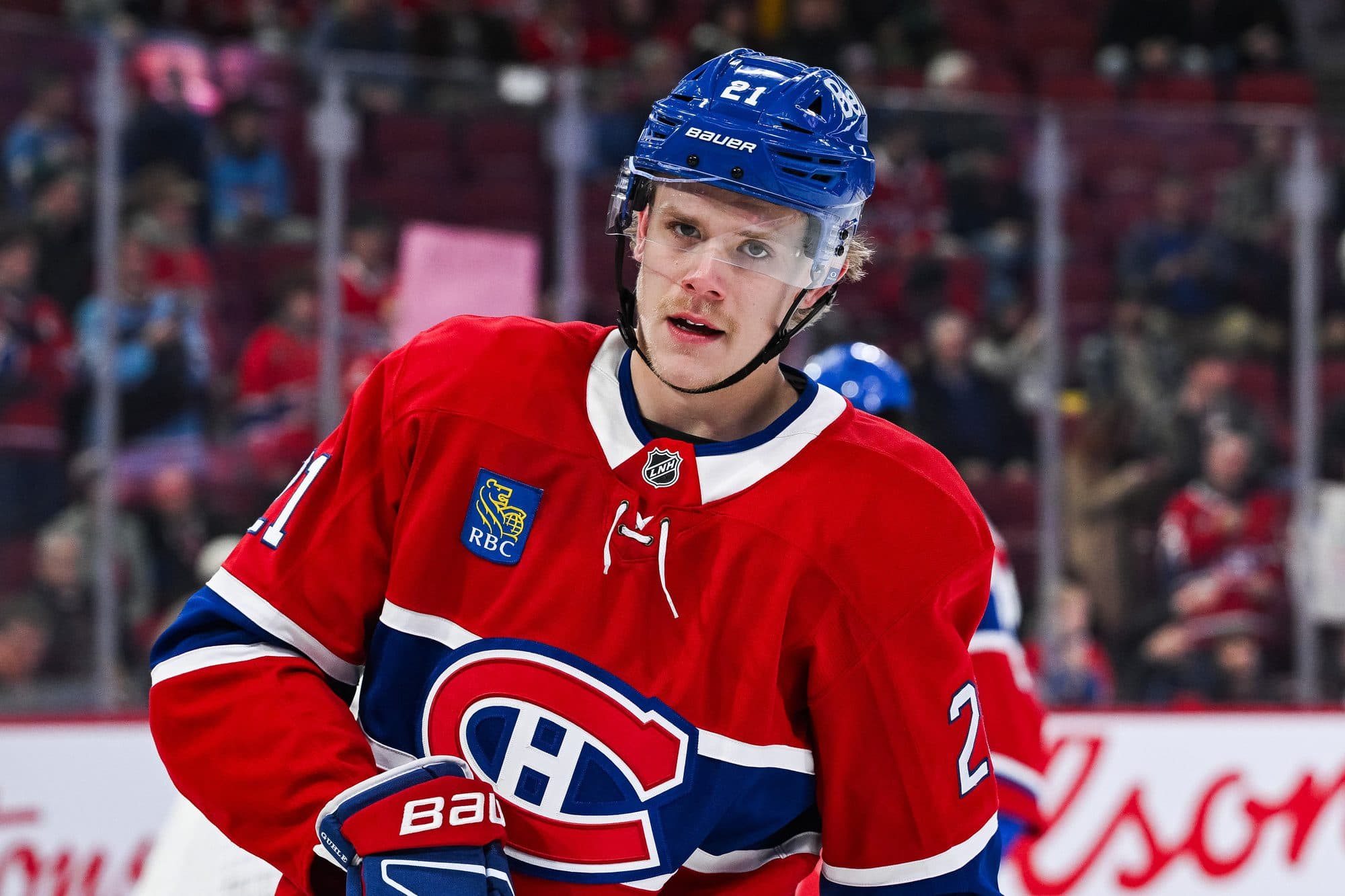 Montreal Canadiens defenseman Kaiden Guhle (21) looks on during warm-up before the game against the Columbus Blue Jackets at Bell Centre.