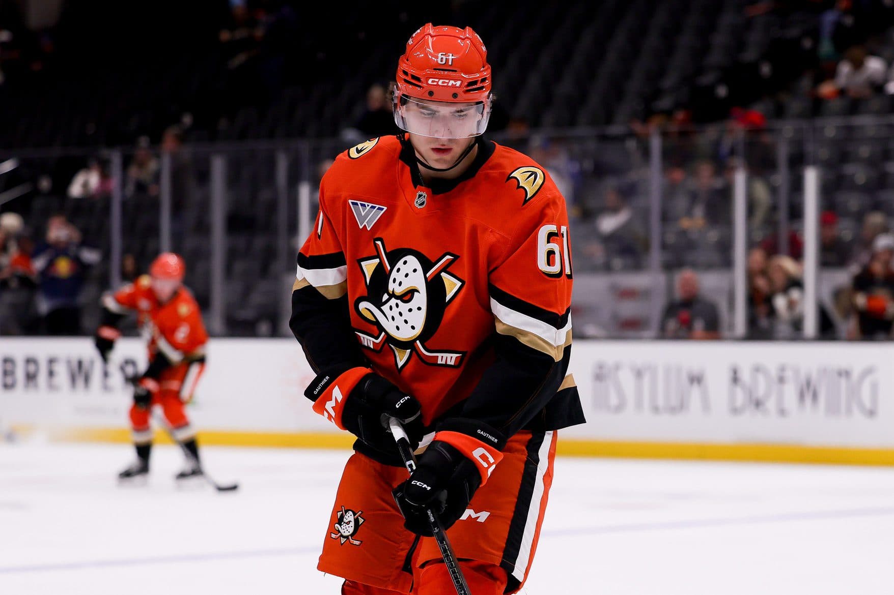 Anaheim Ducks left wing Cutter Gauthier (61) warms up before playing against the Buffalo Sabres at Honda Center.